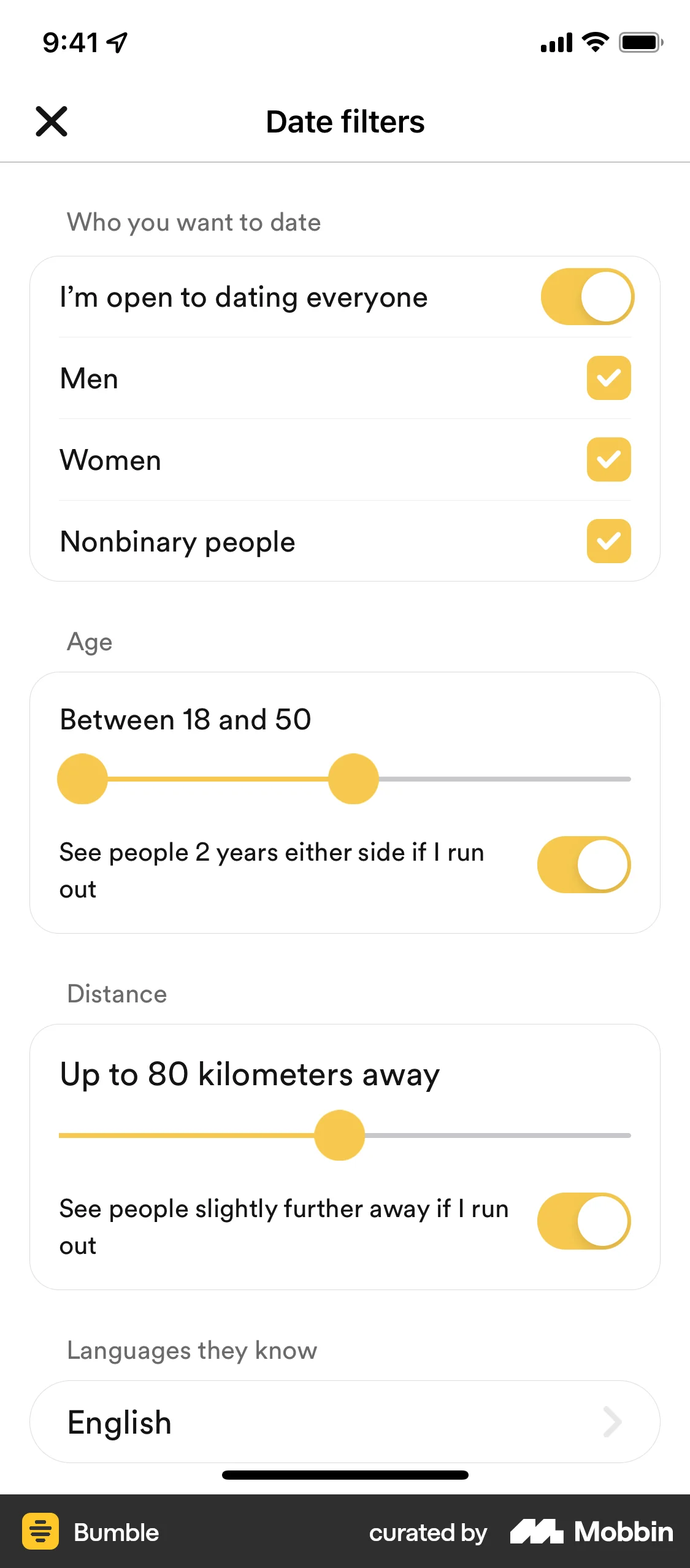 Bumble iOS screen containing Slider UI element