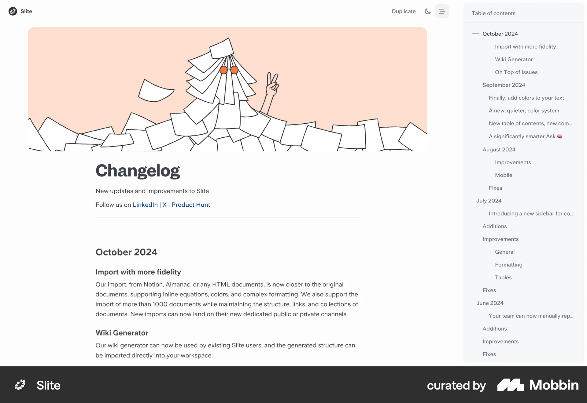 Slite Web screen containing Table of Contents UI element