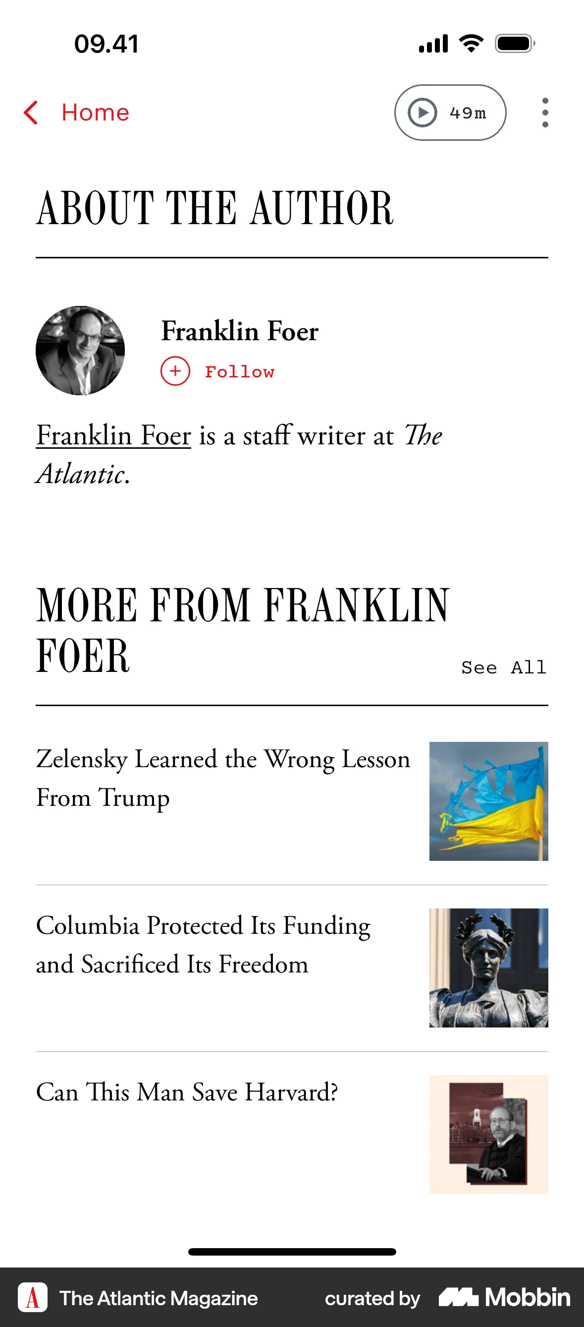 The Atlantic Magazine iOS User / Group Profile screen