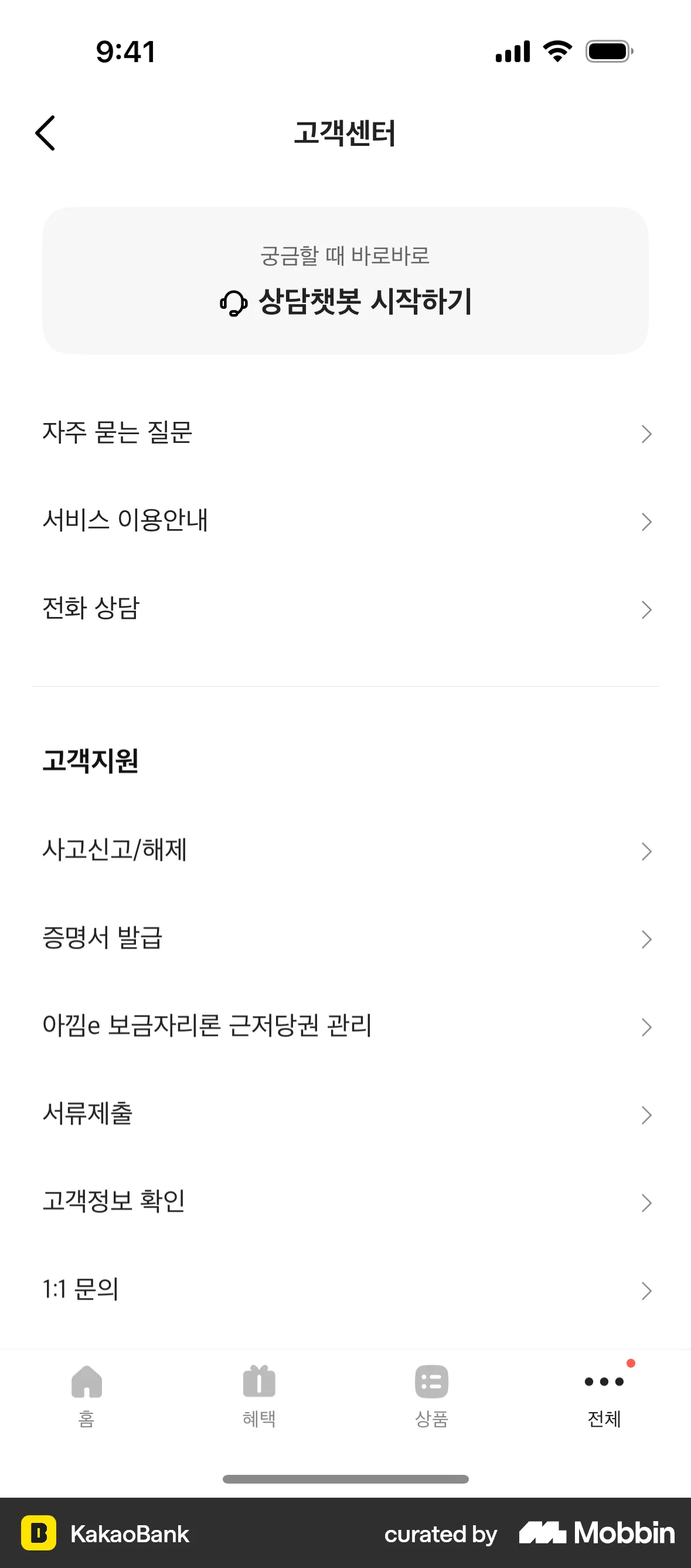 KakaoBank iOS Help & Support screen
