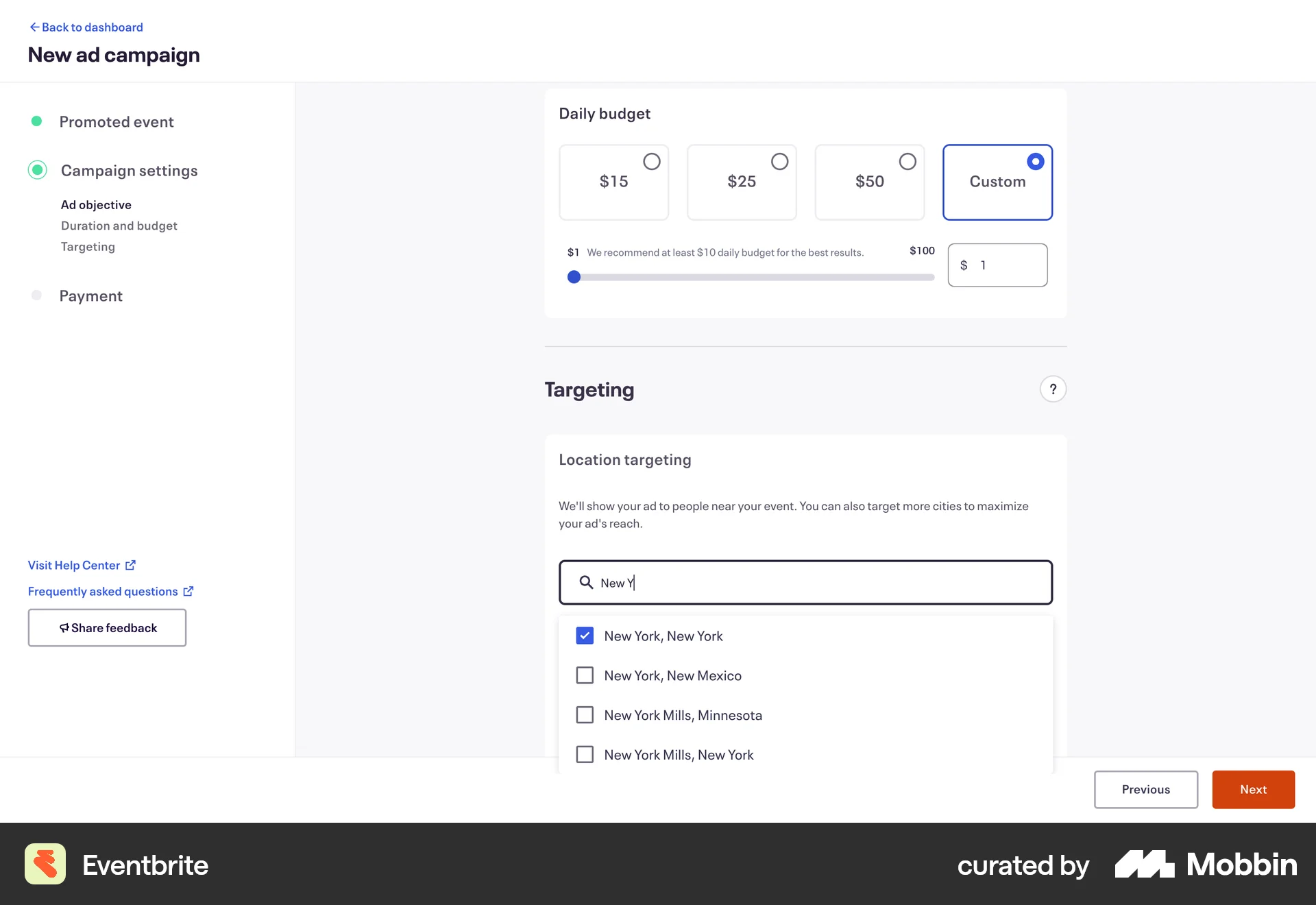 Eventbrite Web screen containing Combobox UI element