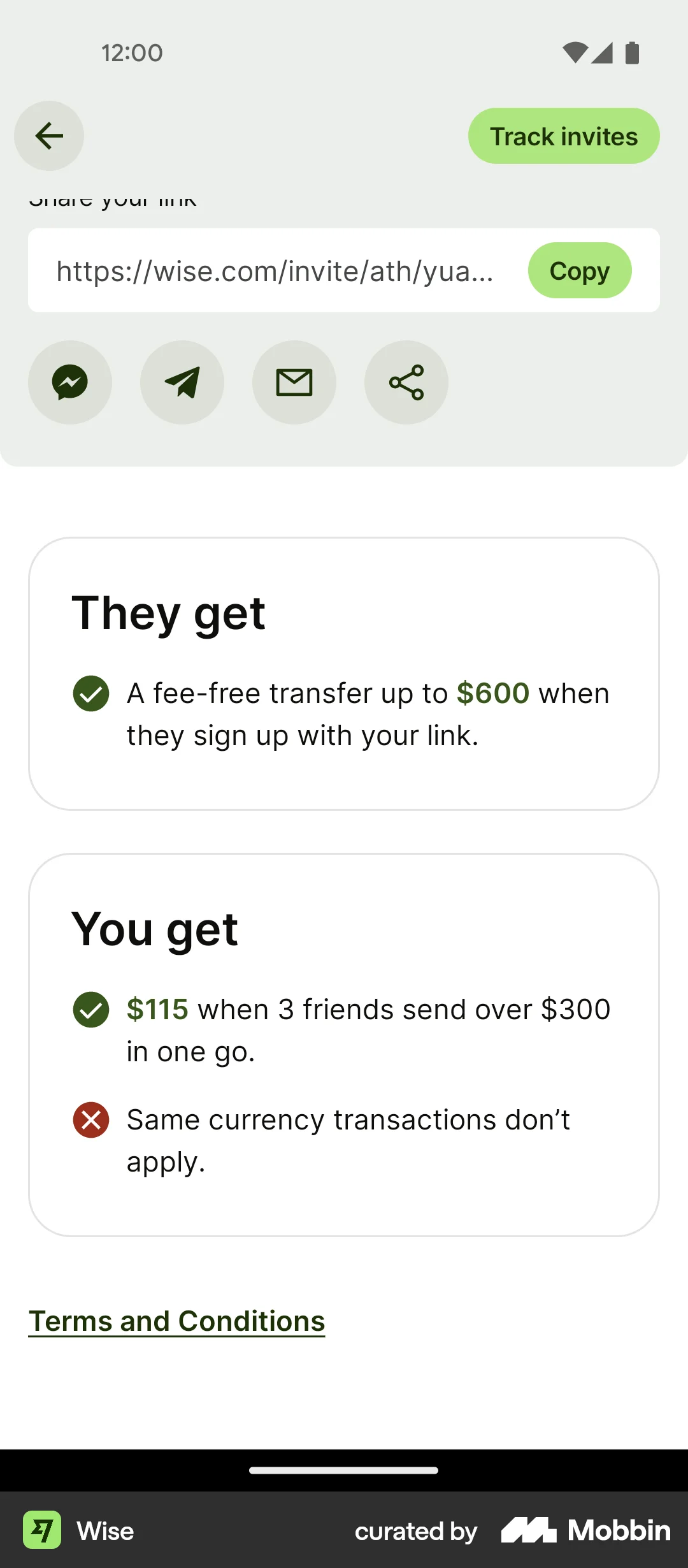 Wise Android Invite & Refer Friends screen