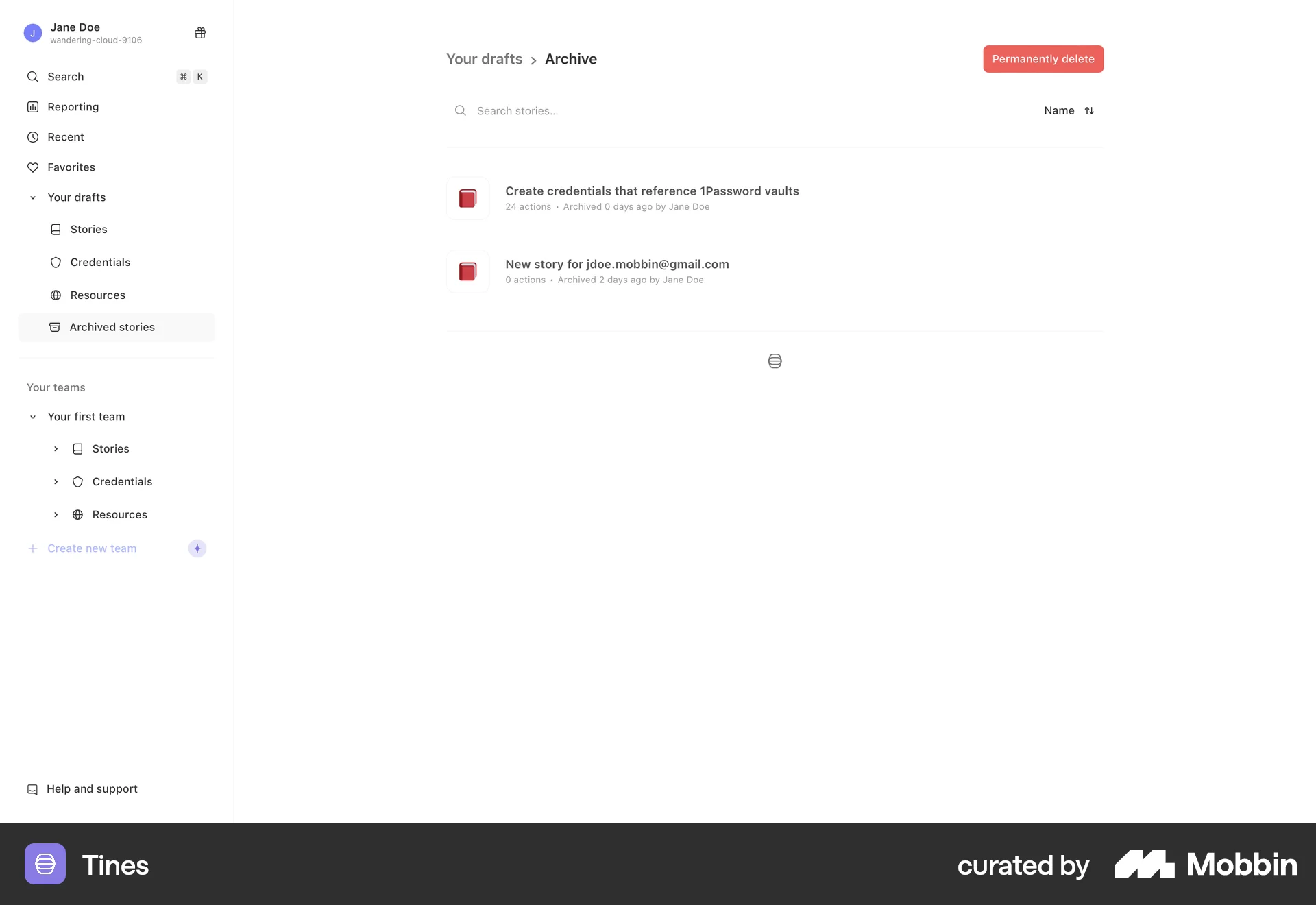 Tines Web Trash & Archive screen