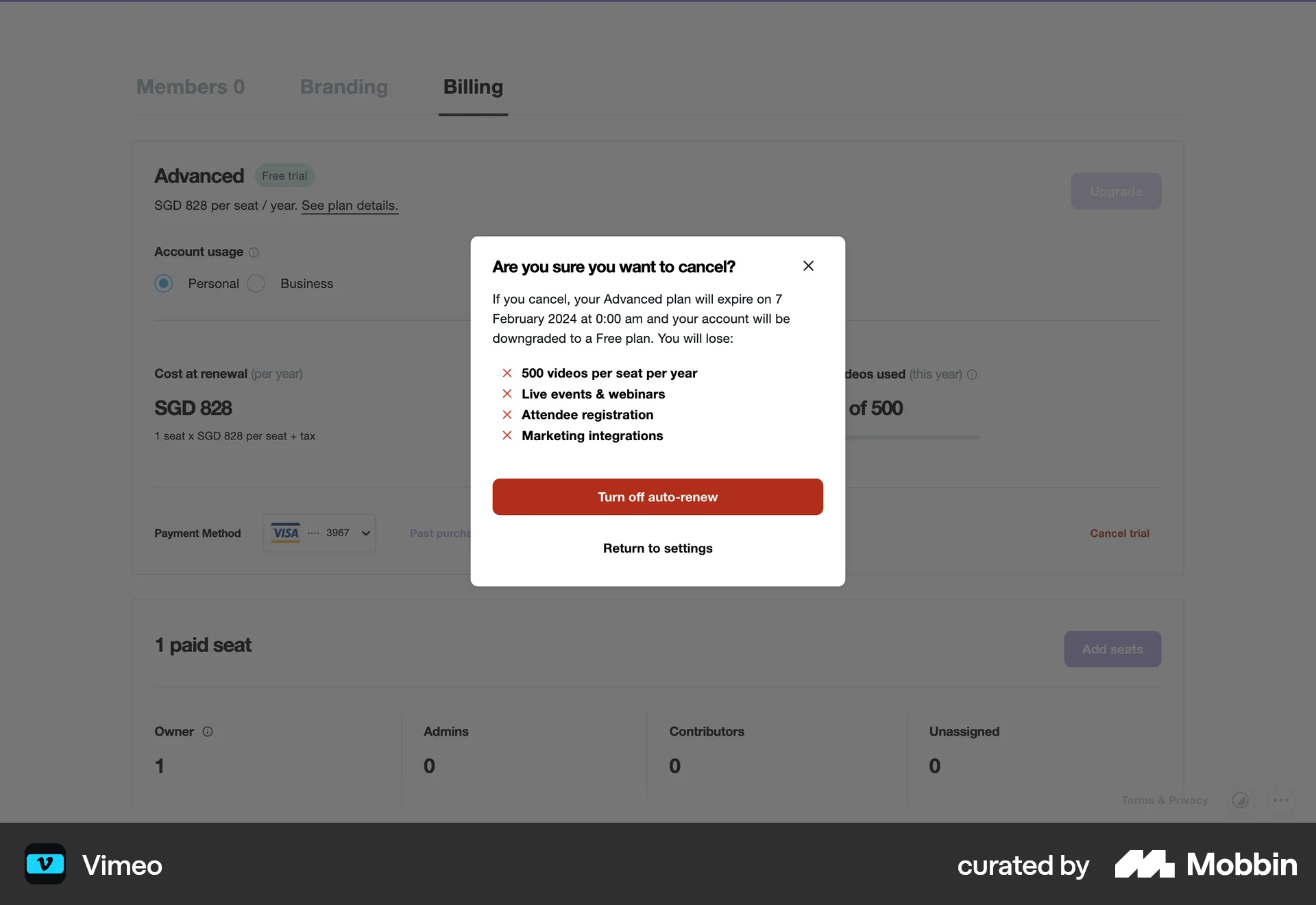 Vimeo Web Cancel screen