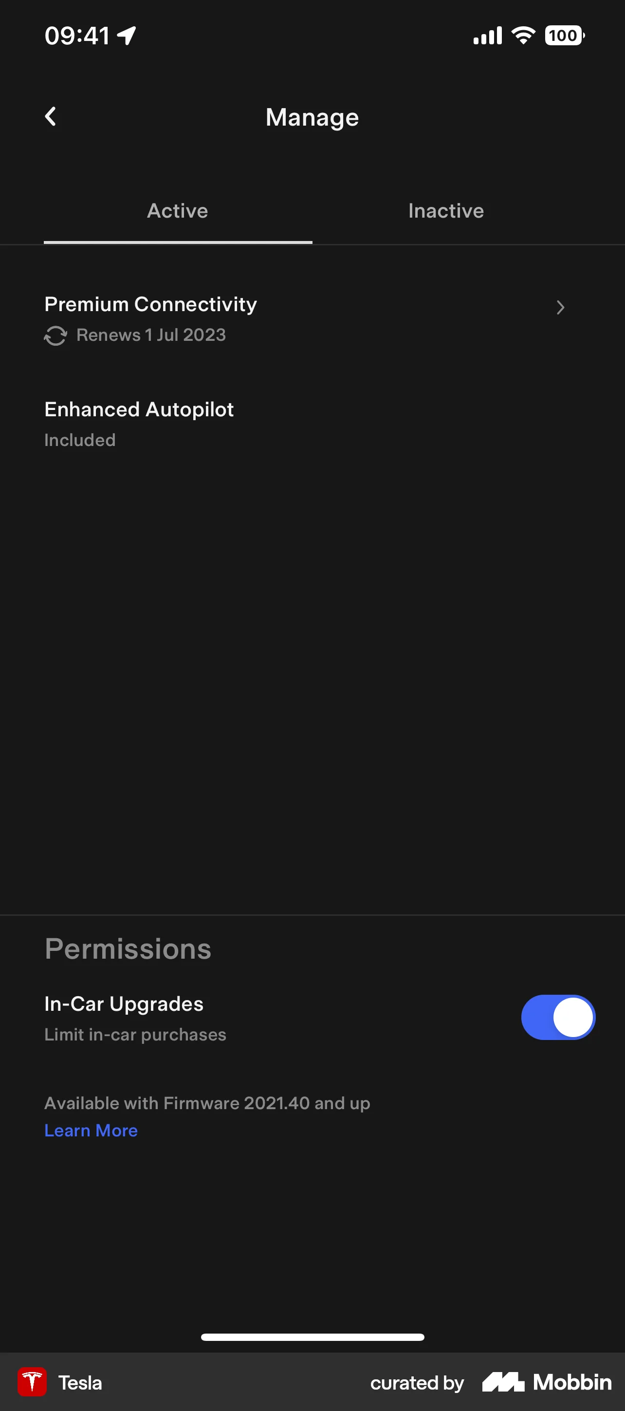 Tesla iOS Billing screen