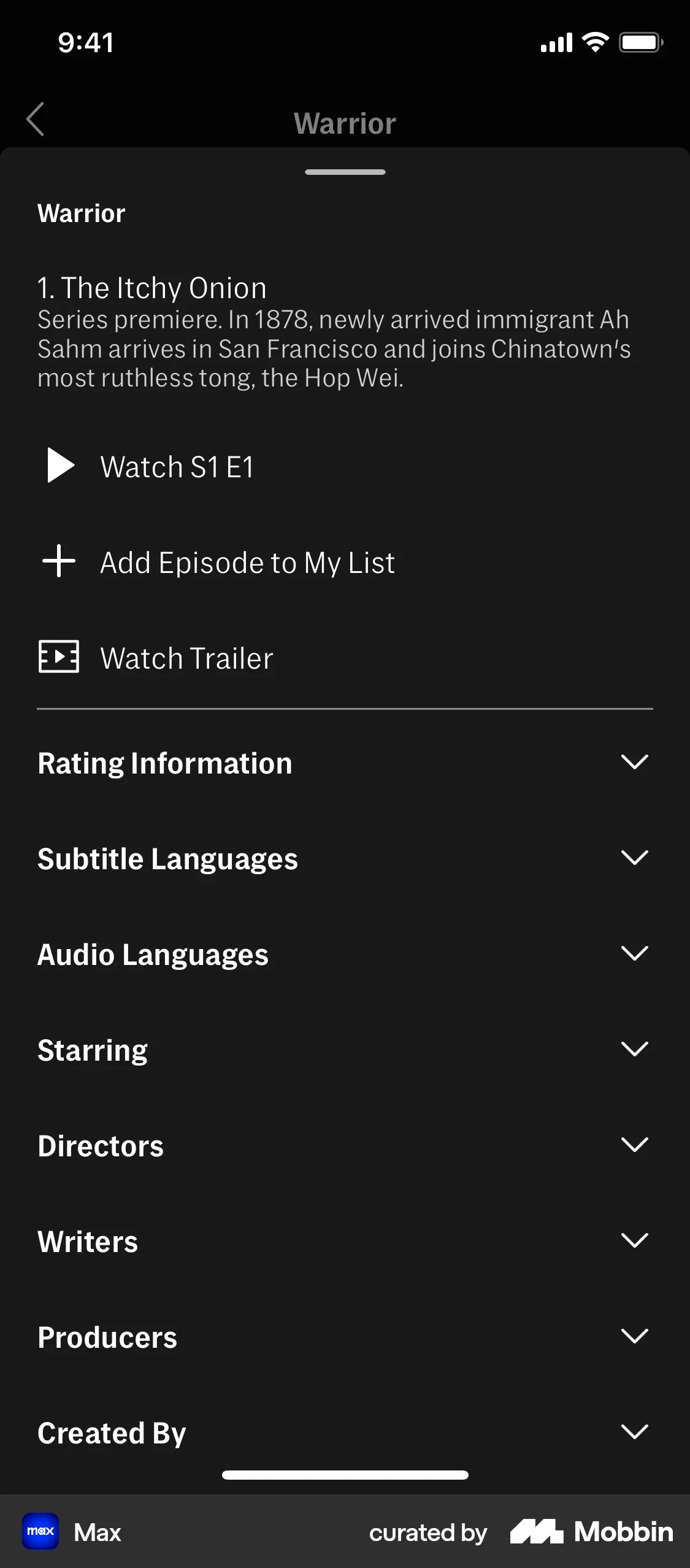 HBO Max iOS TV Show & Movie Detail screen