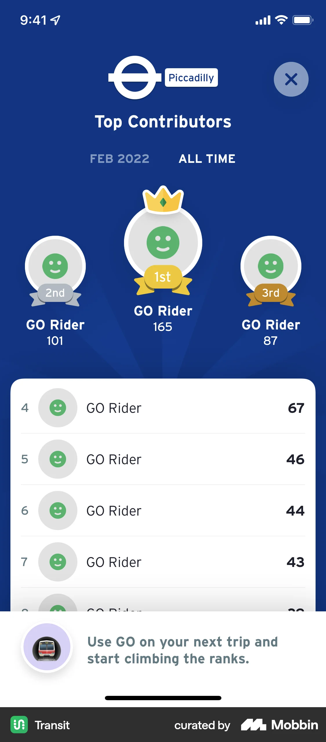 Transit iOS Leaderboard screen
