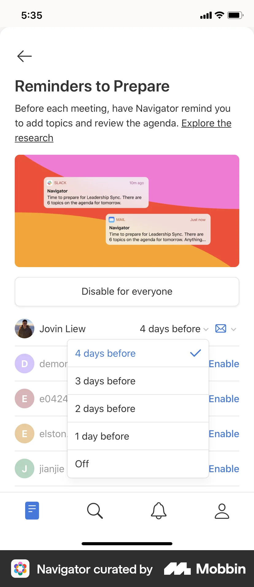 Navigator iOS Reminder screen