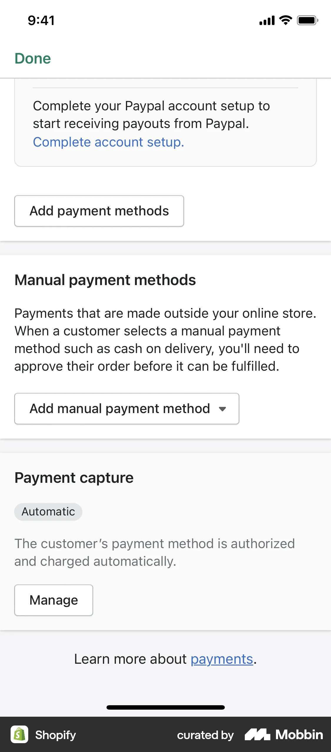 Shopify iOS Payment Method screen