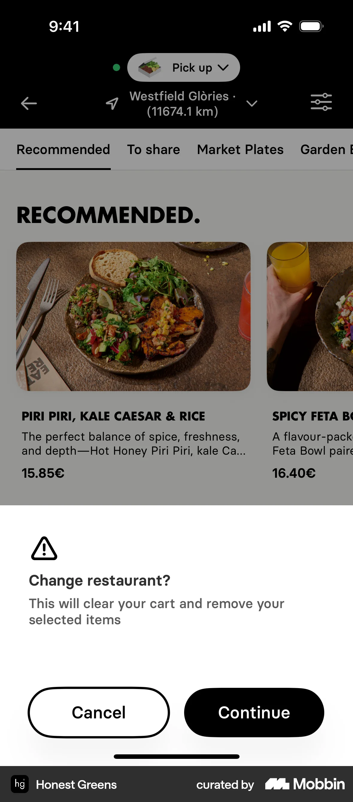 Honest Greens iOS Confirmation screen