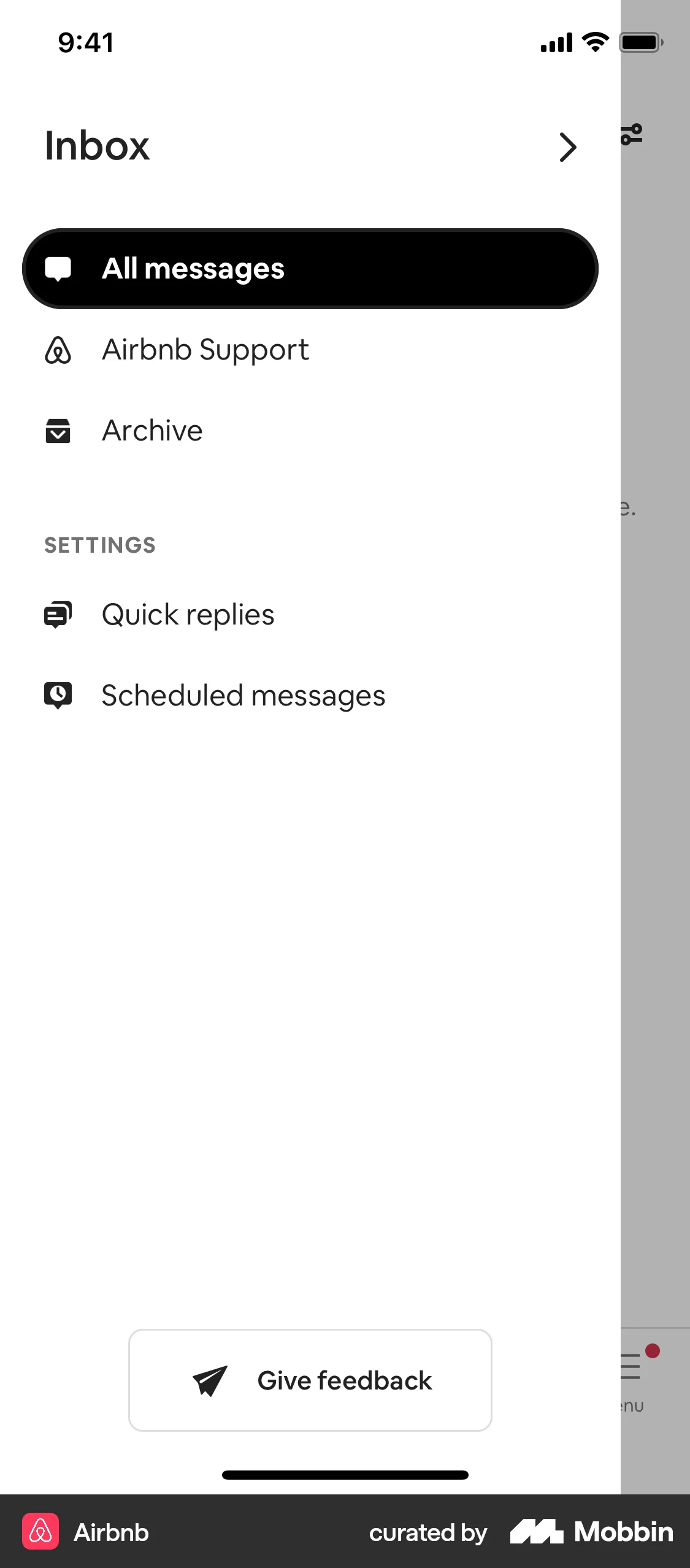 Airbnb iOS screen containing Side Navigation UI element