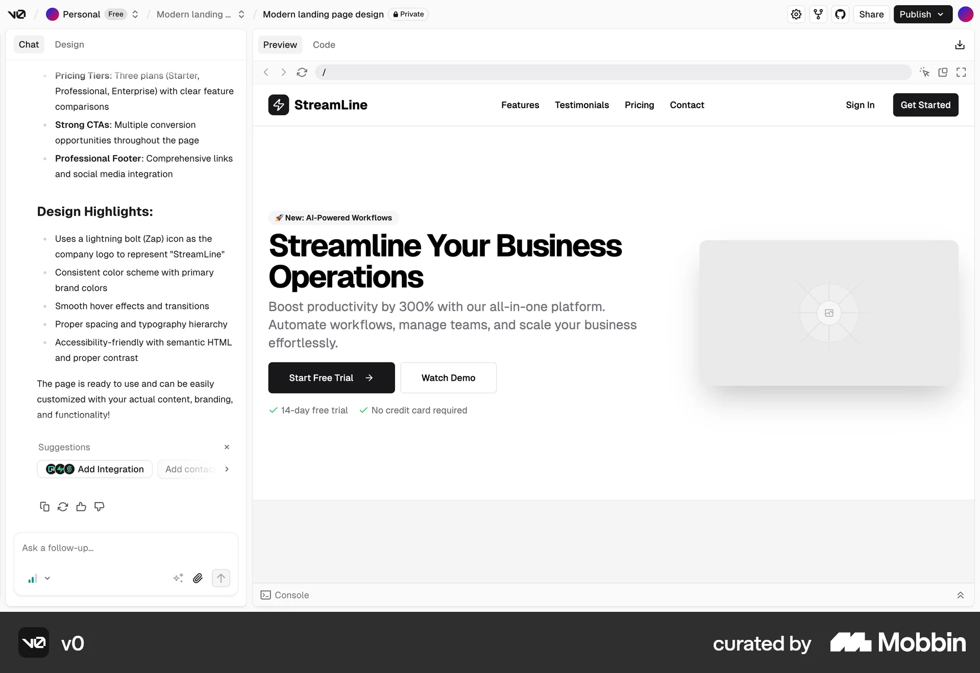 v0 Web screen containing Carousel UI element