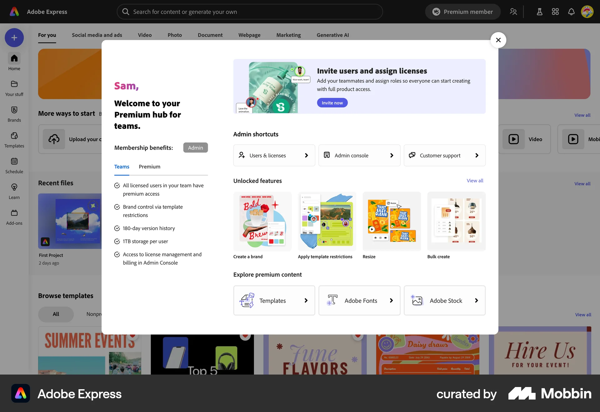 Adobe Express Web Admin Dashboard screen