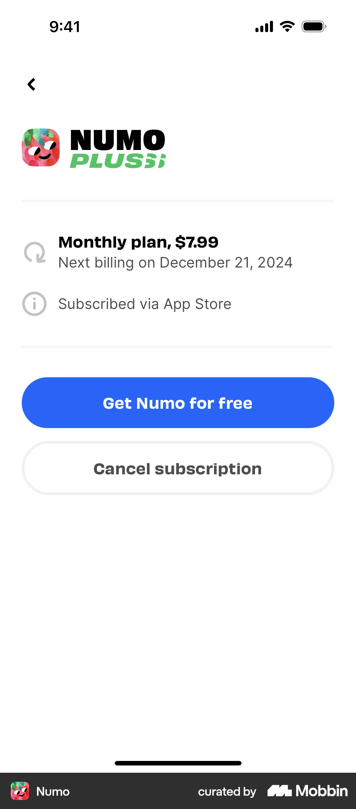 Numo iOS Billing screen