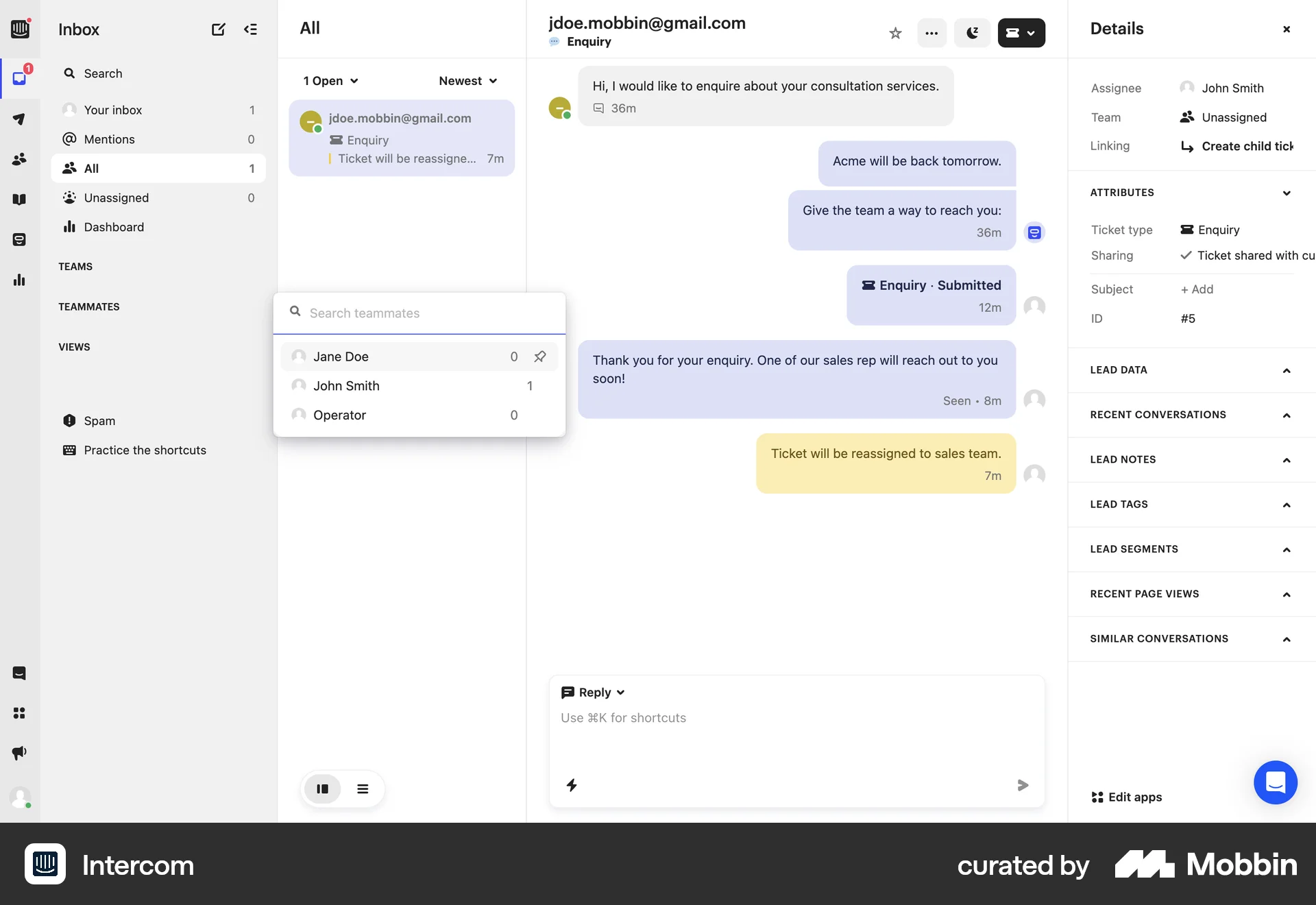 Intercom Web Favorite & Pin screen