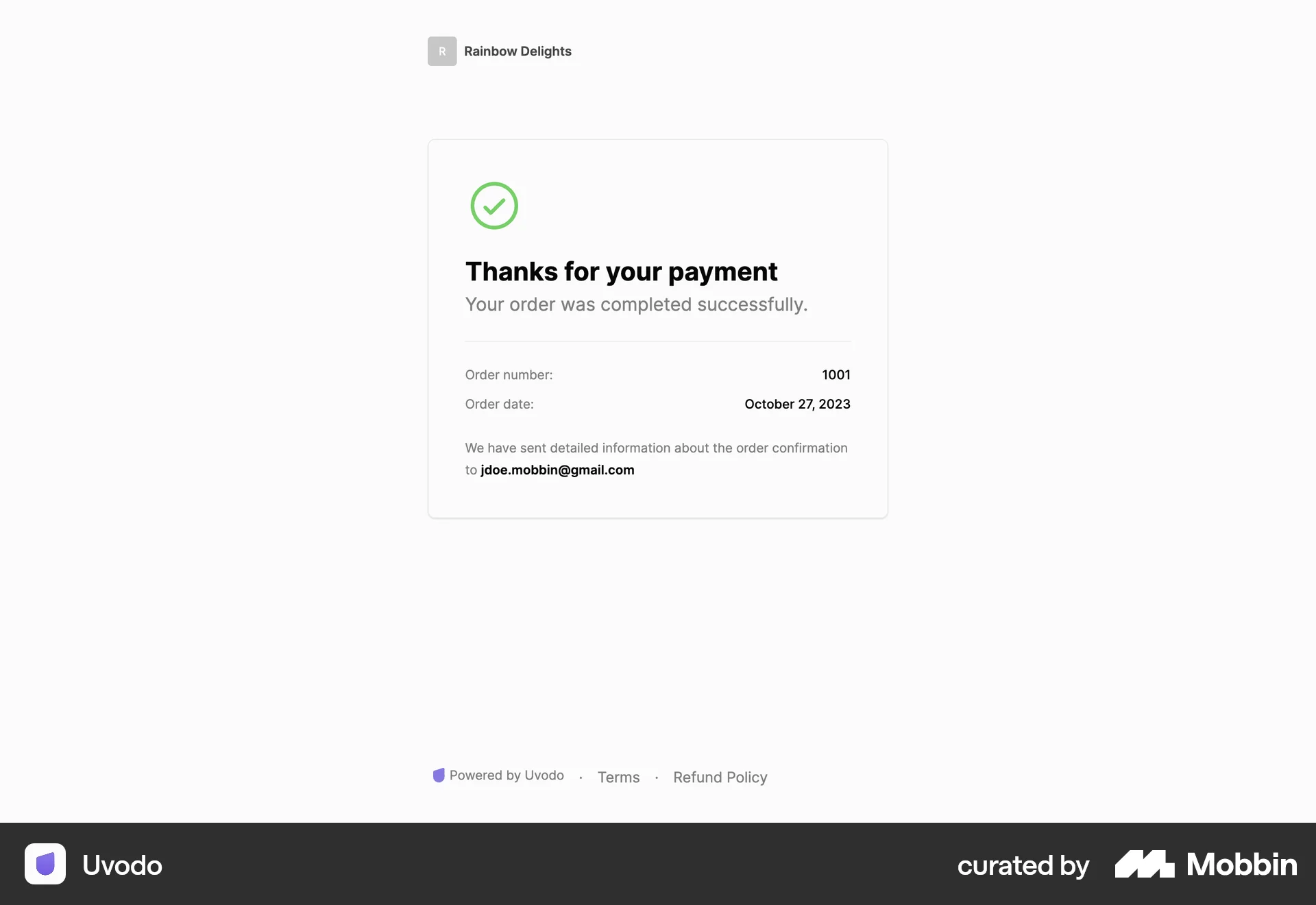 Uvodo Web Order Confirmation screen