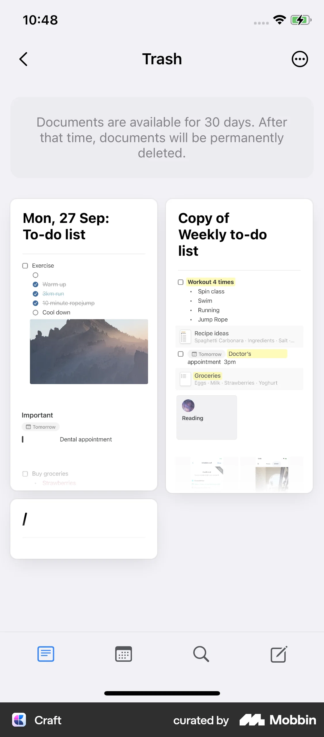 Craft iOS Trash & Archive screen