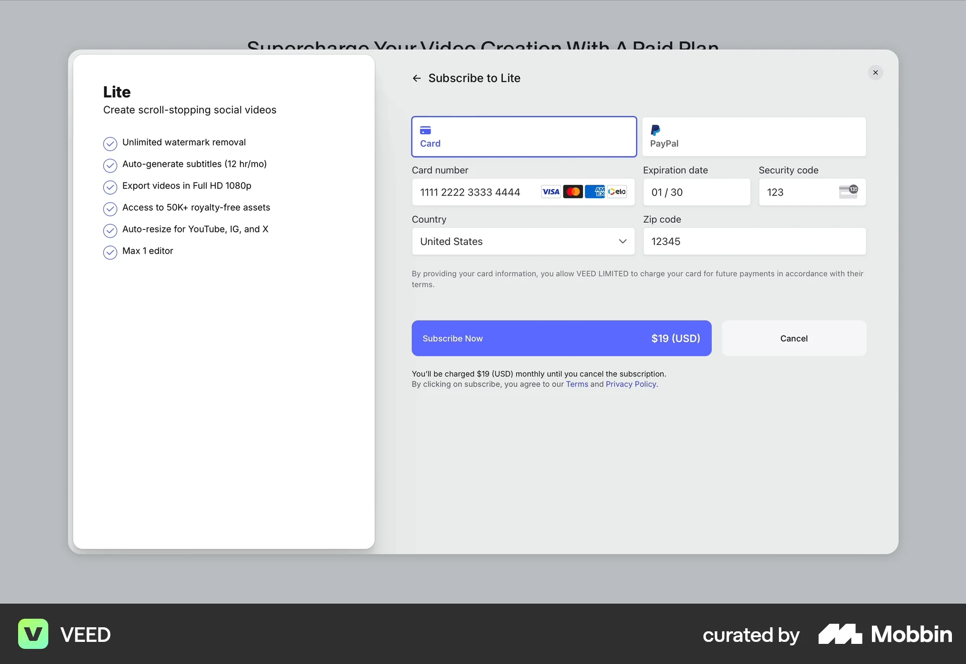 VEED Web Checkout screen
