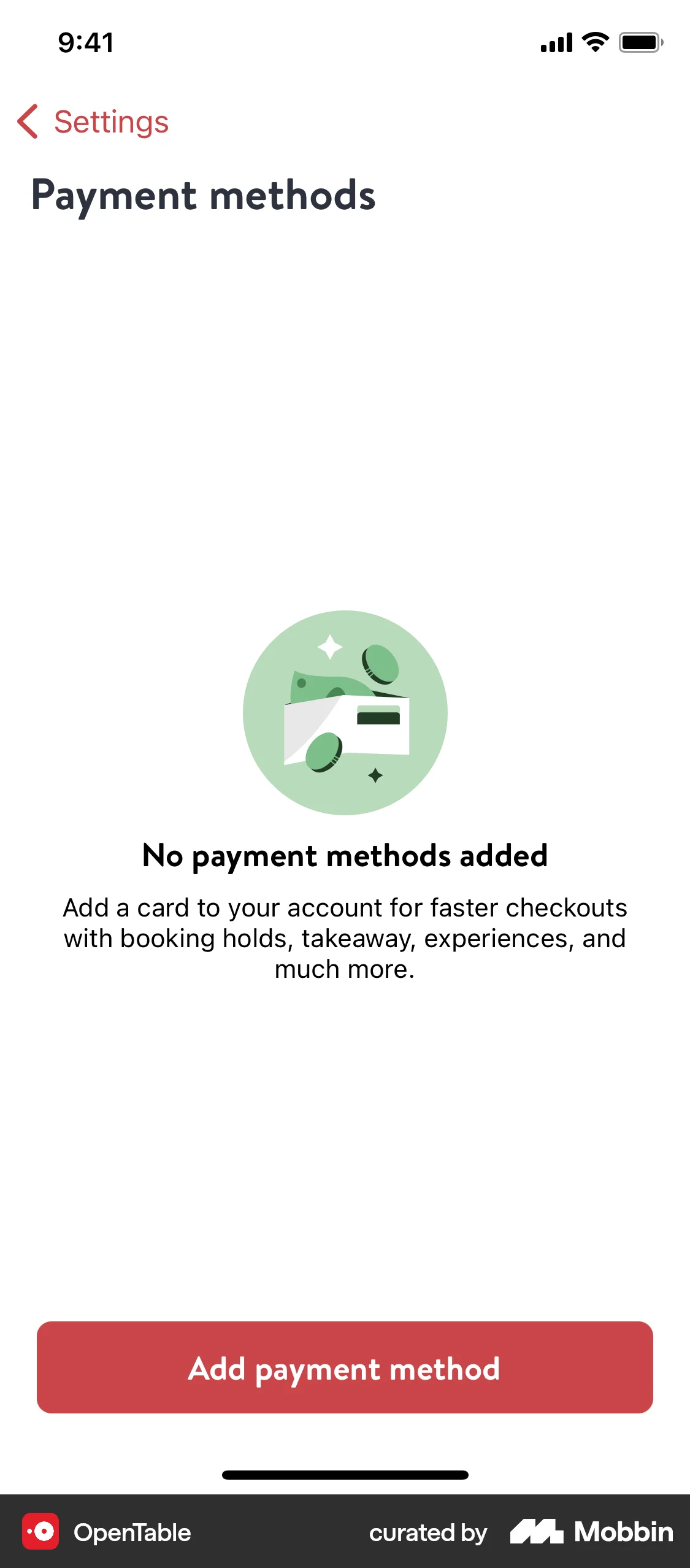 OpenTable iOS Payment Method screen