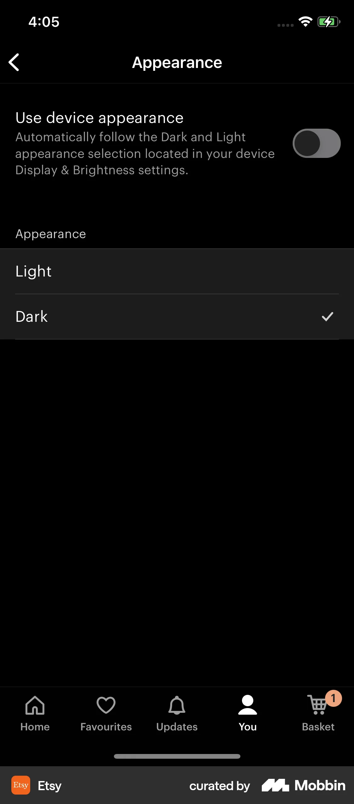 Etsy iOS Dark Mode screen