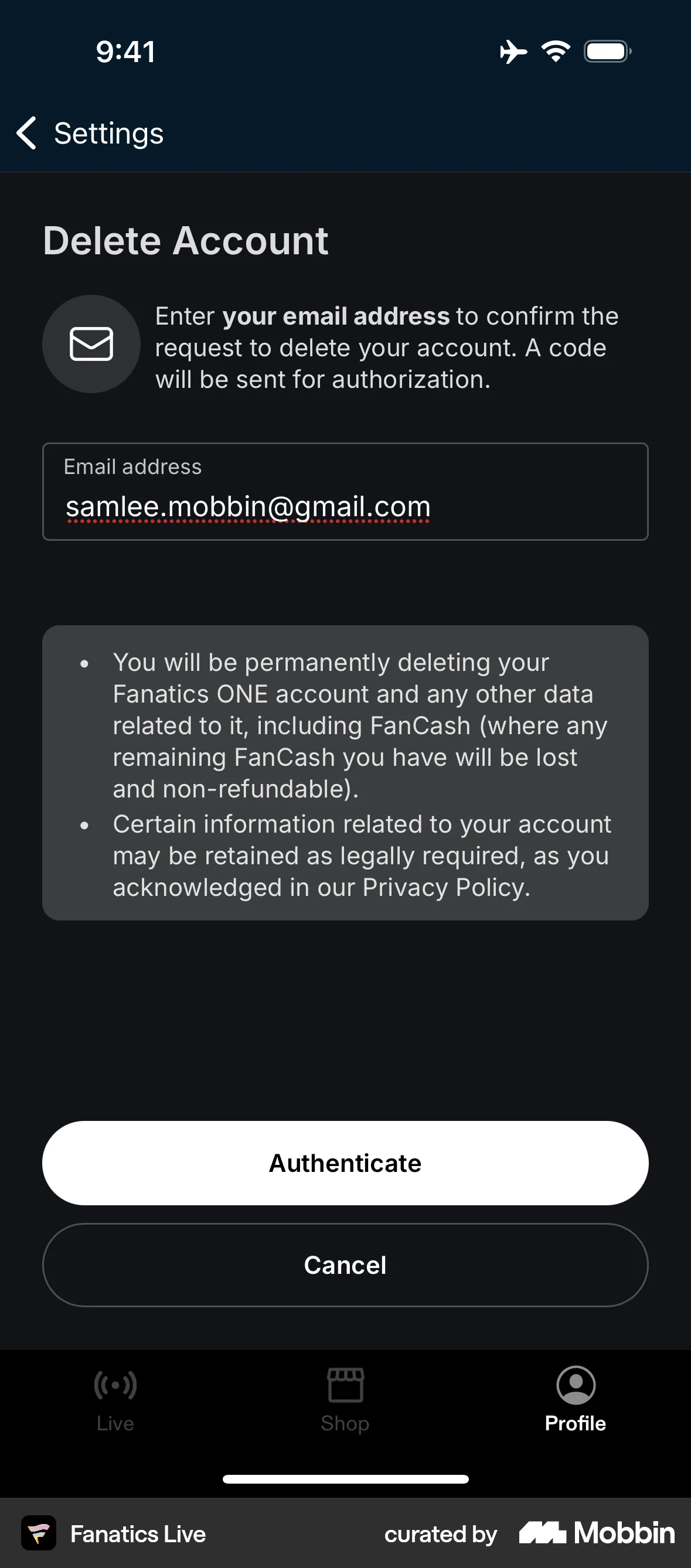 Fanatics Live iOS Delete & Deactivate Account screen