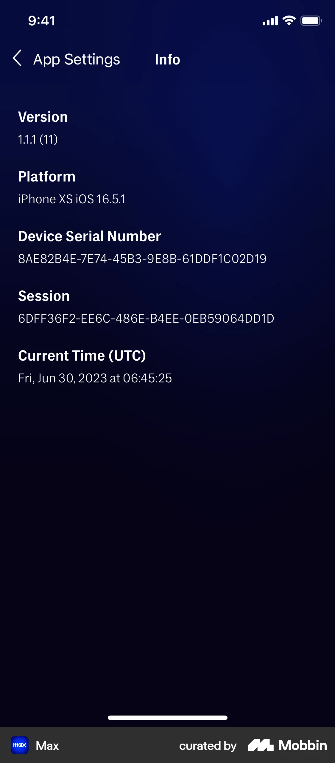 HBO Max iOS About screen