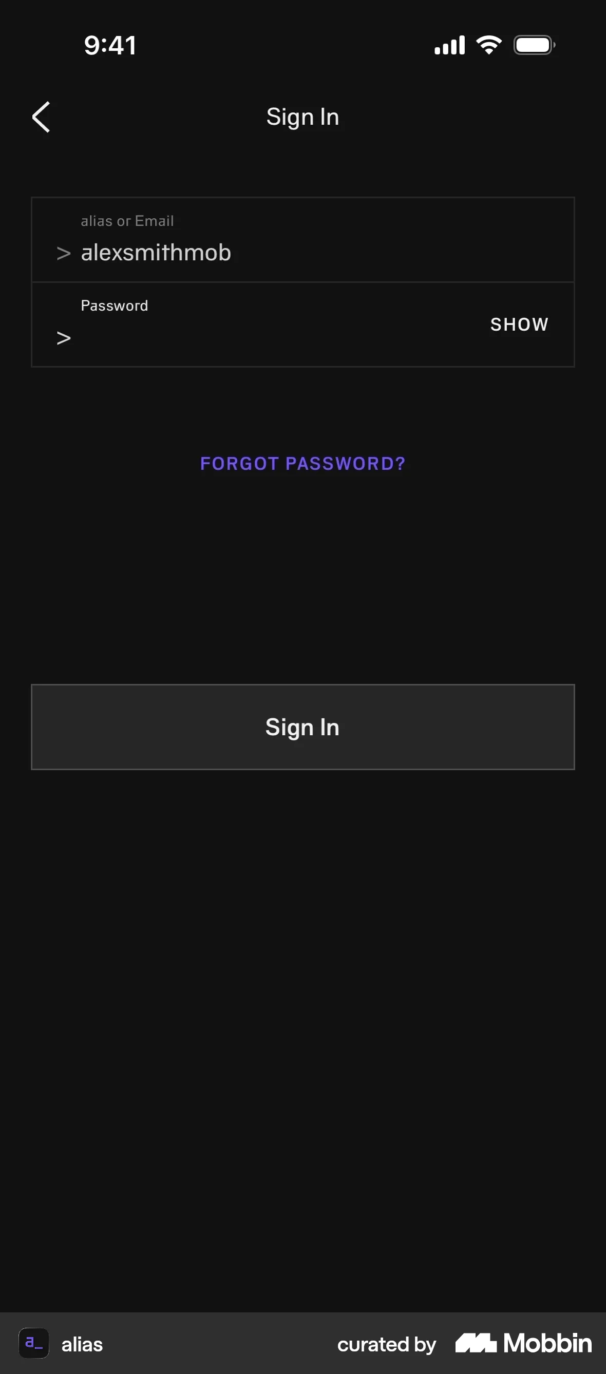 alias iOS Login screen