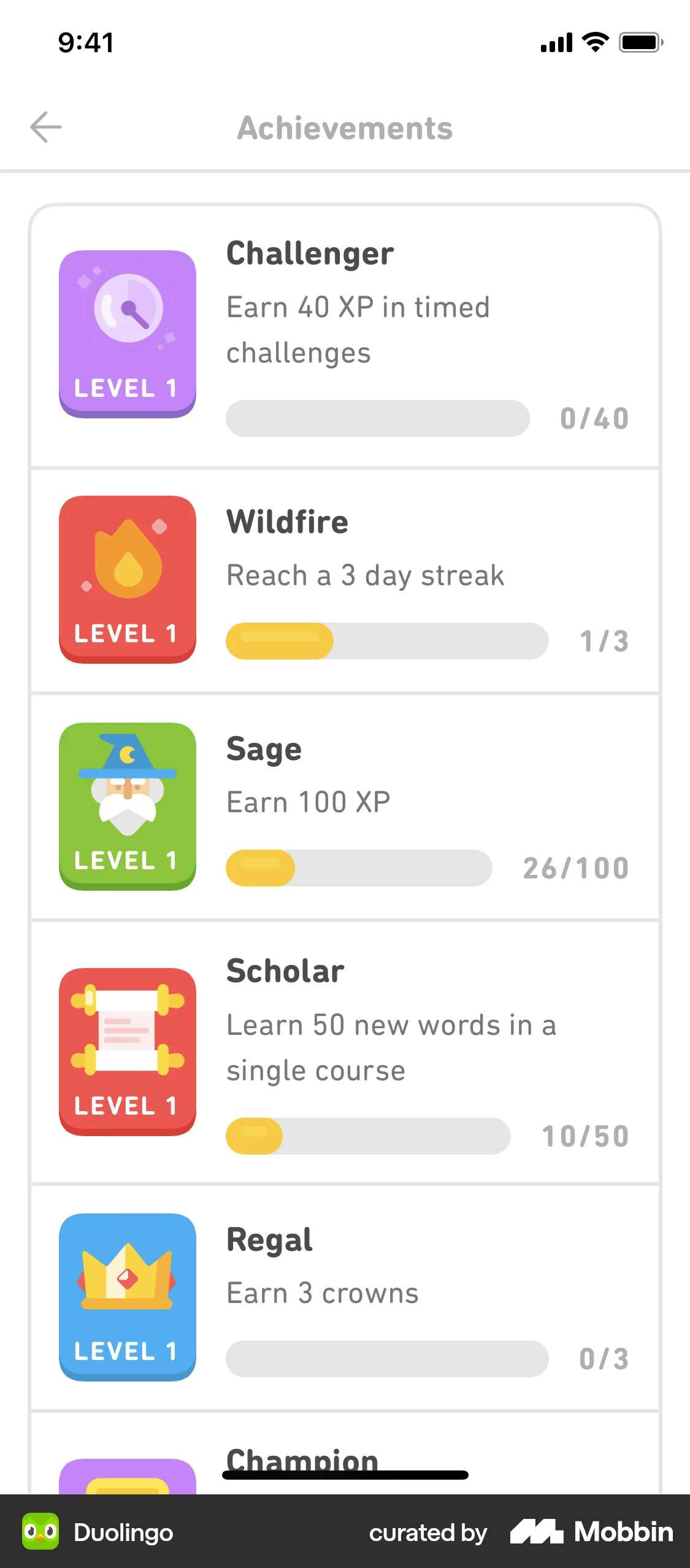 Duolingo iOS Achievements & Awards screen