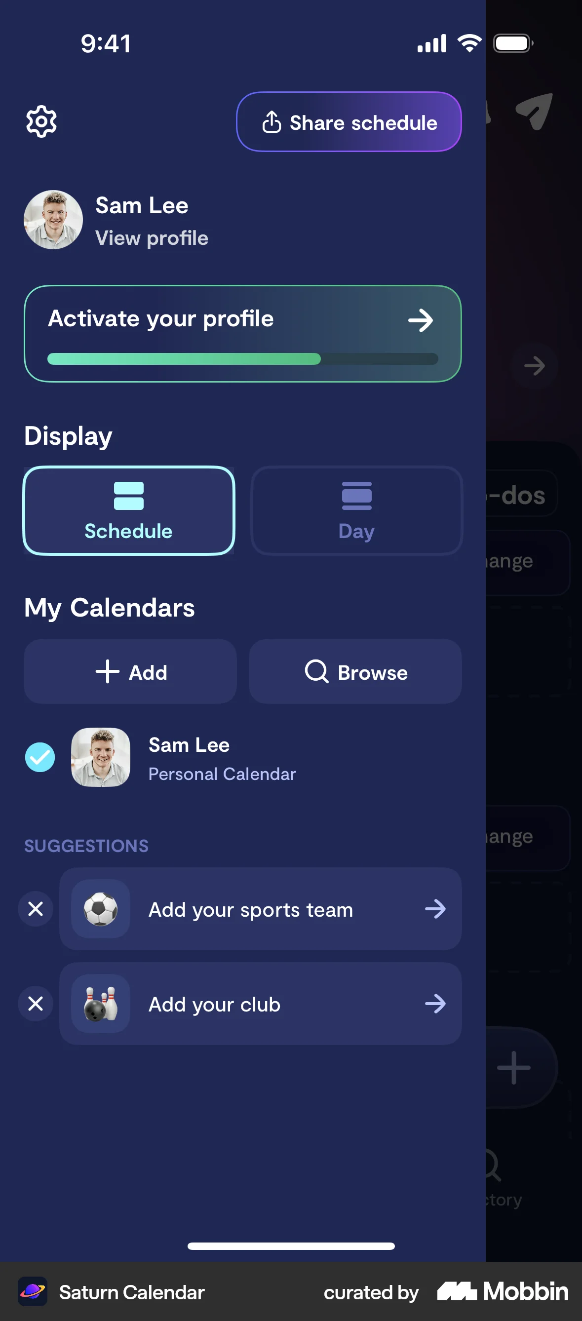 Saturn Calendar screen