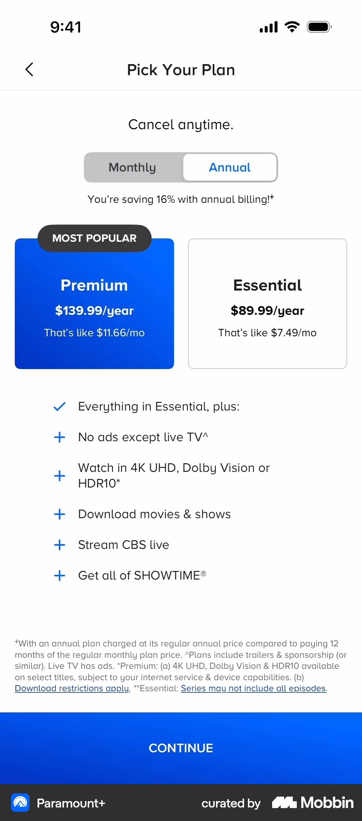 Paramount+ iOS screen containing Button UI element