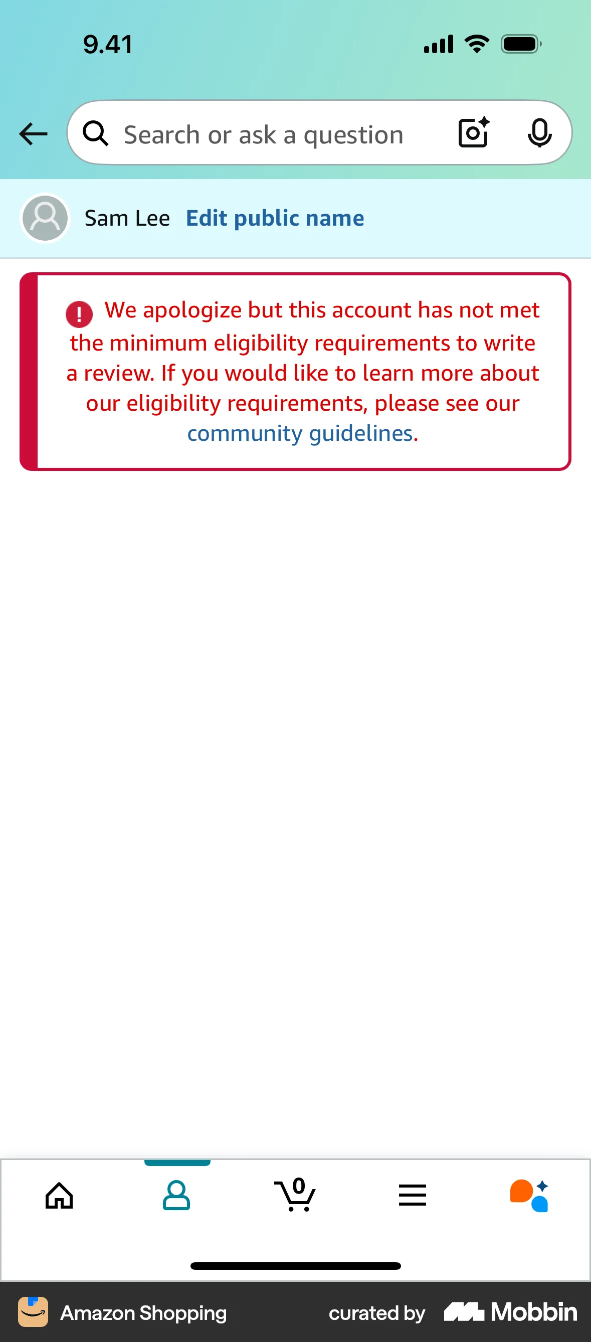 Amazon Shopping iOS Error screen