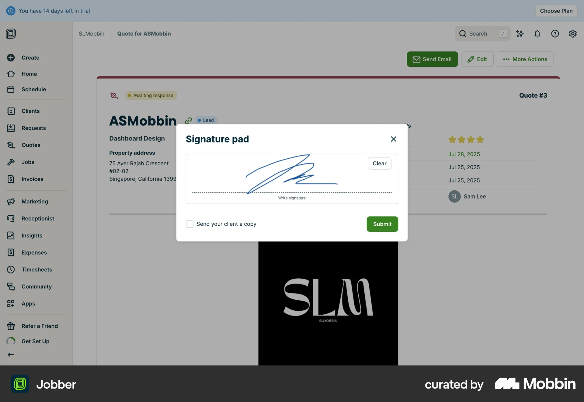 Jobber Web Canvas screen