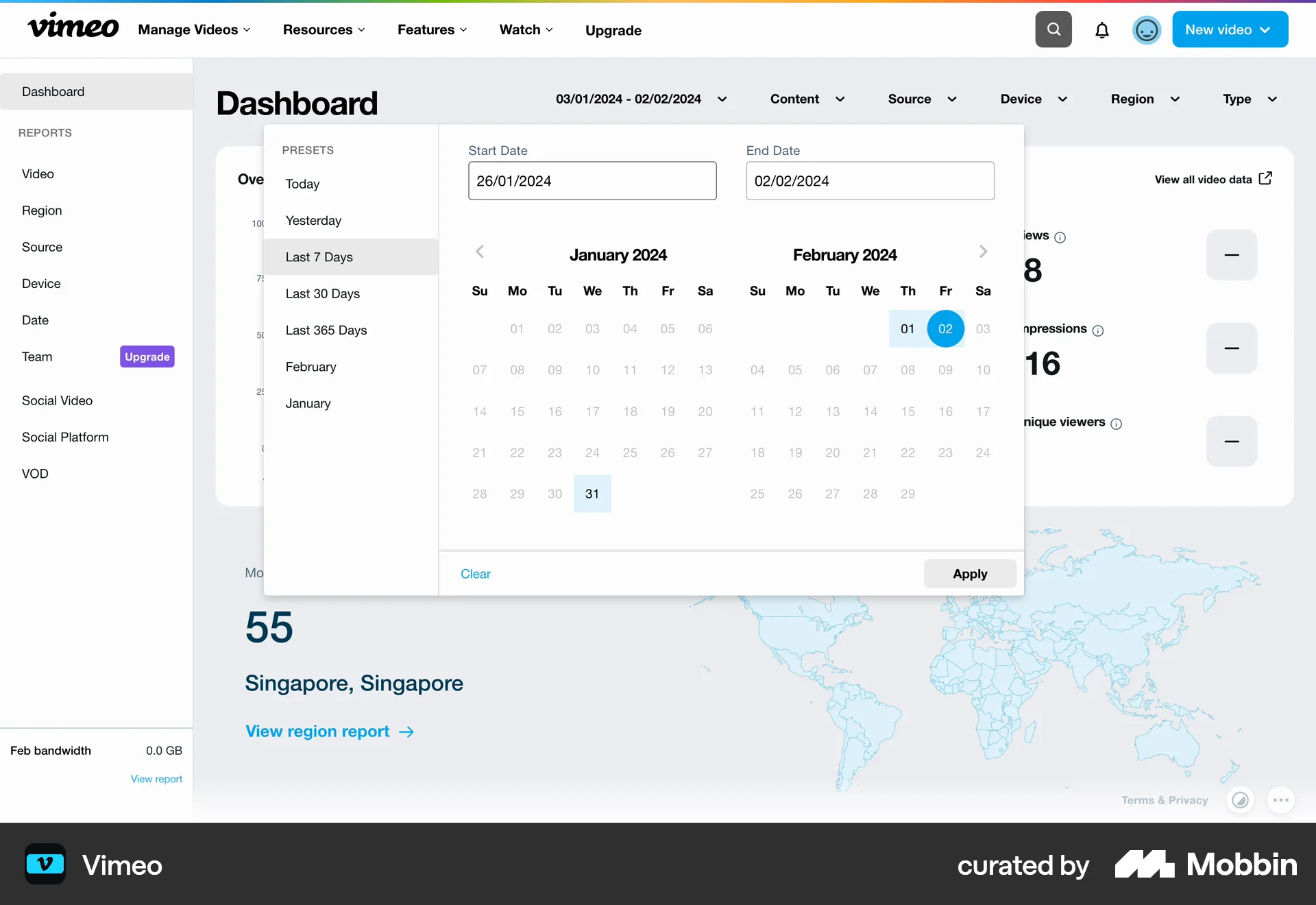 Vimeo Web Calendar screen