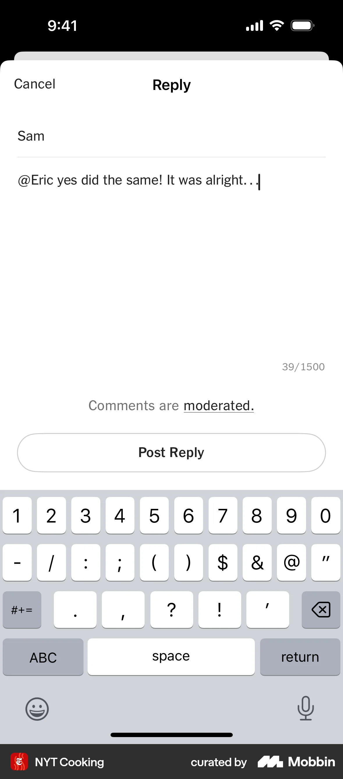NYT Cooking iOS Comments screen