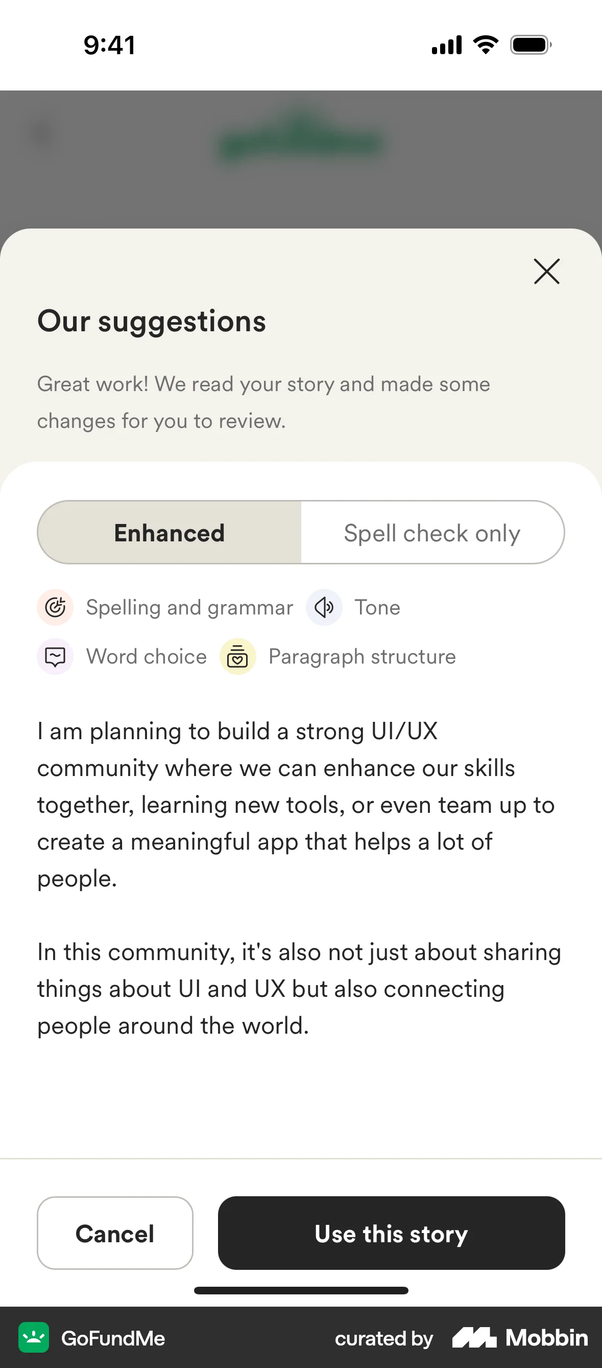 GoFundMe iOS screen containing Segmented Control UI element