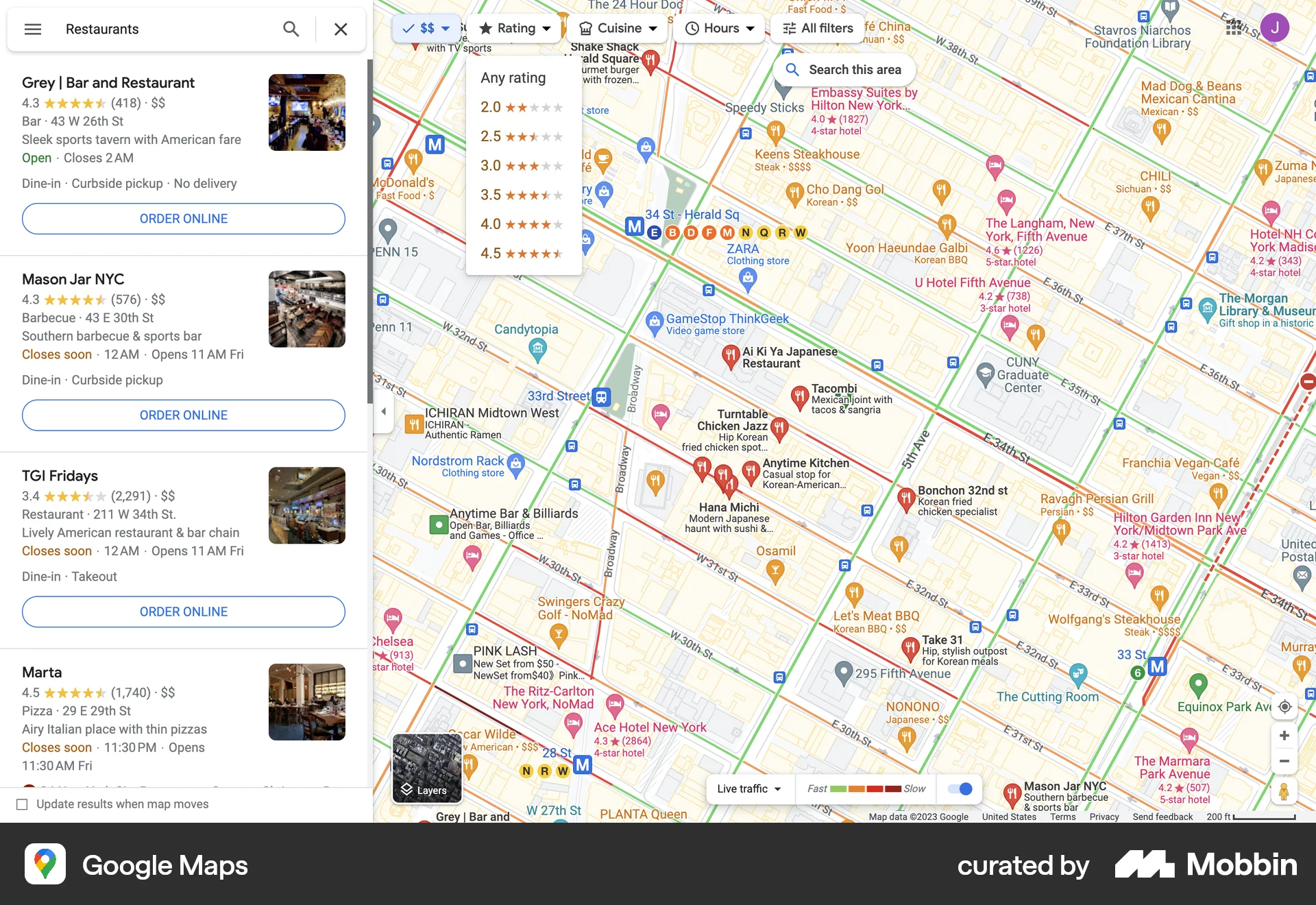 Google Maps Web Filter & Sort screen