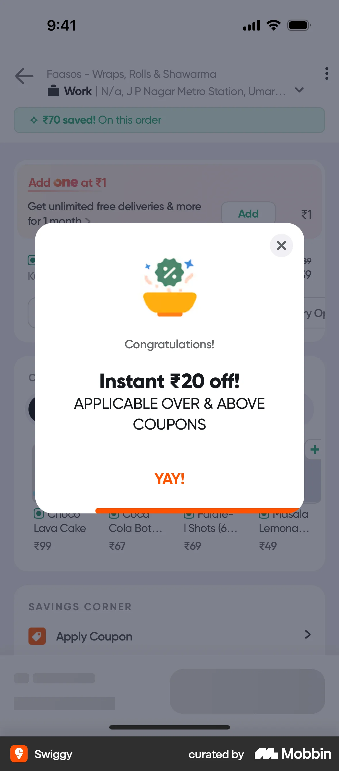 Swiggy iOS screen containing Dialog UI element