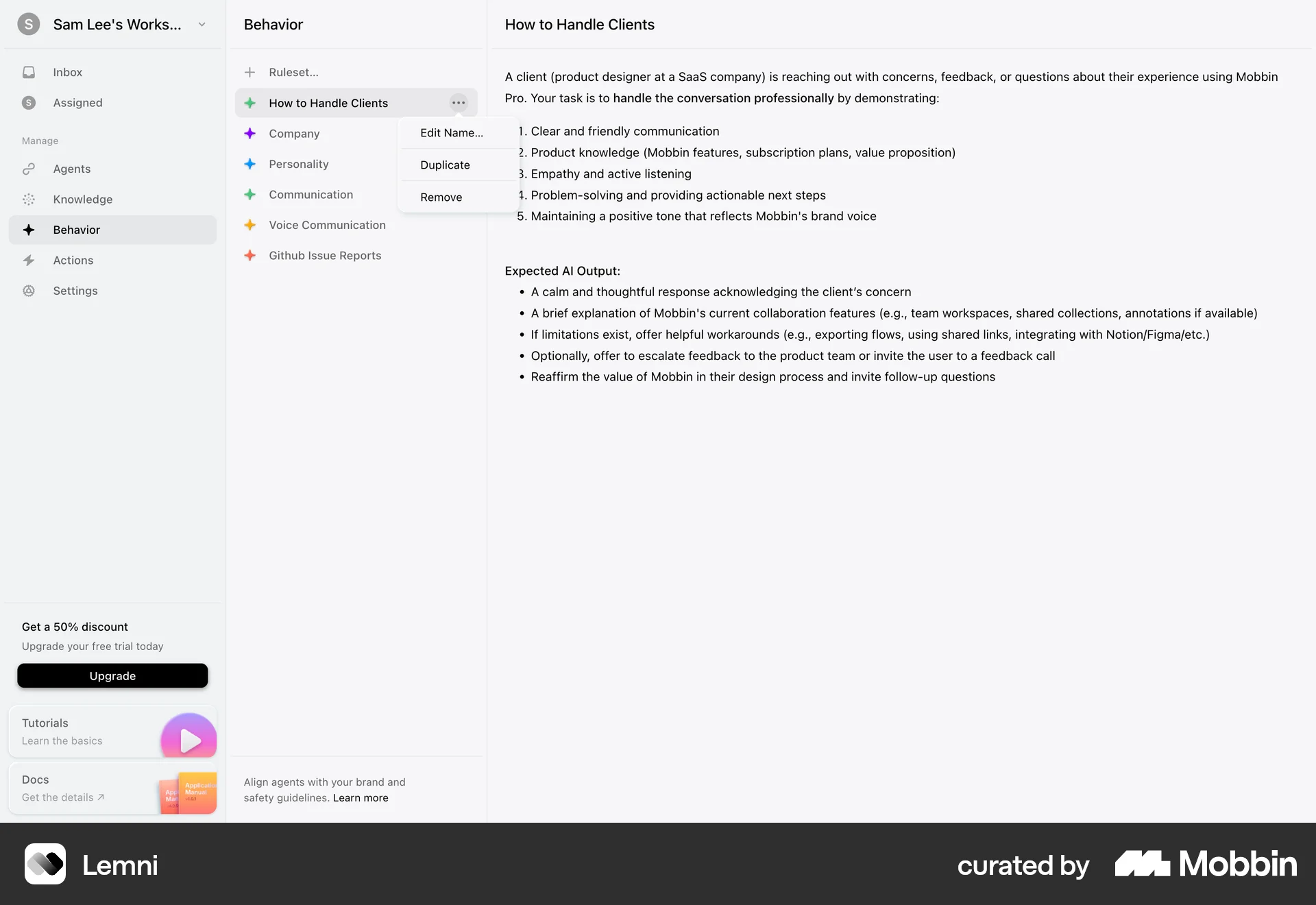 Lemni Web Action Option screen