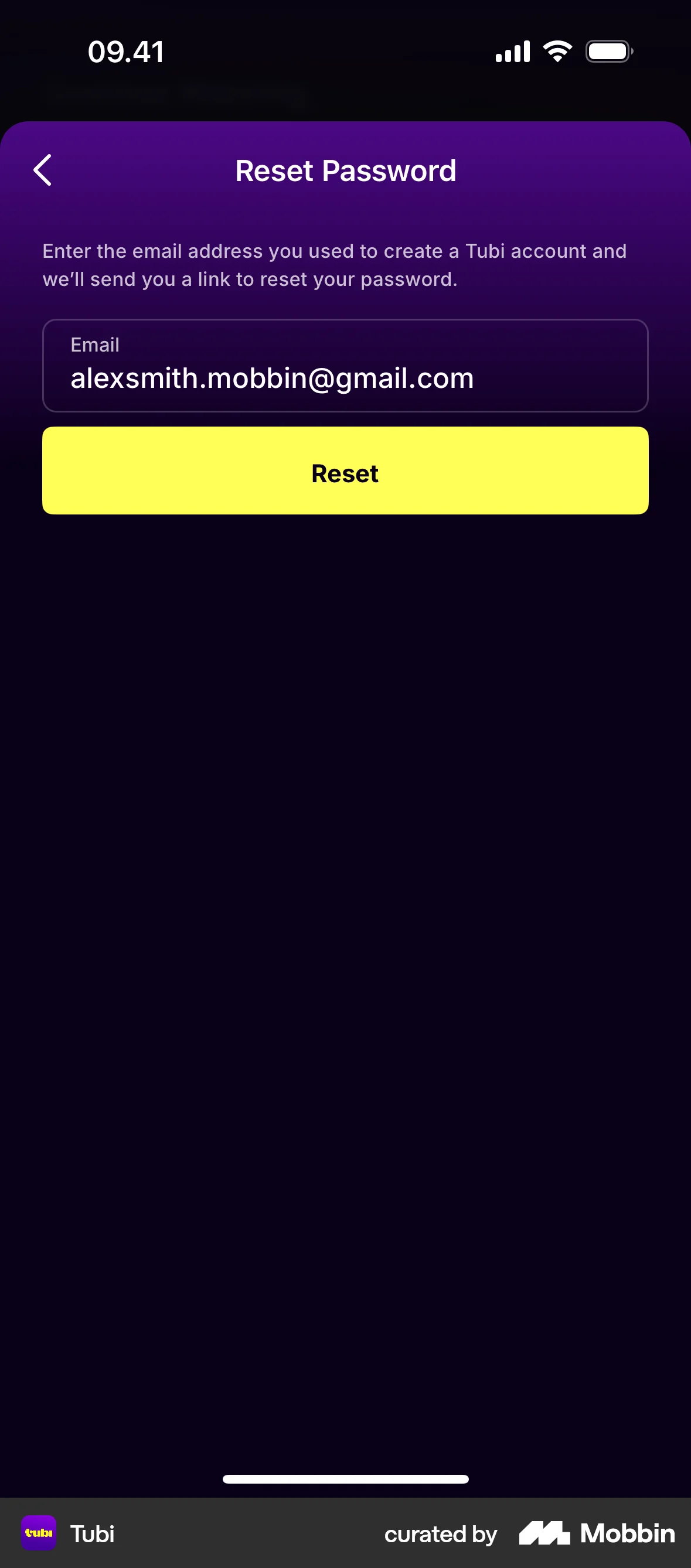 Tubi iOS Forgot Password screen