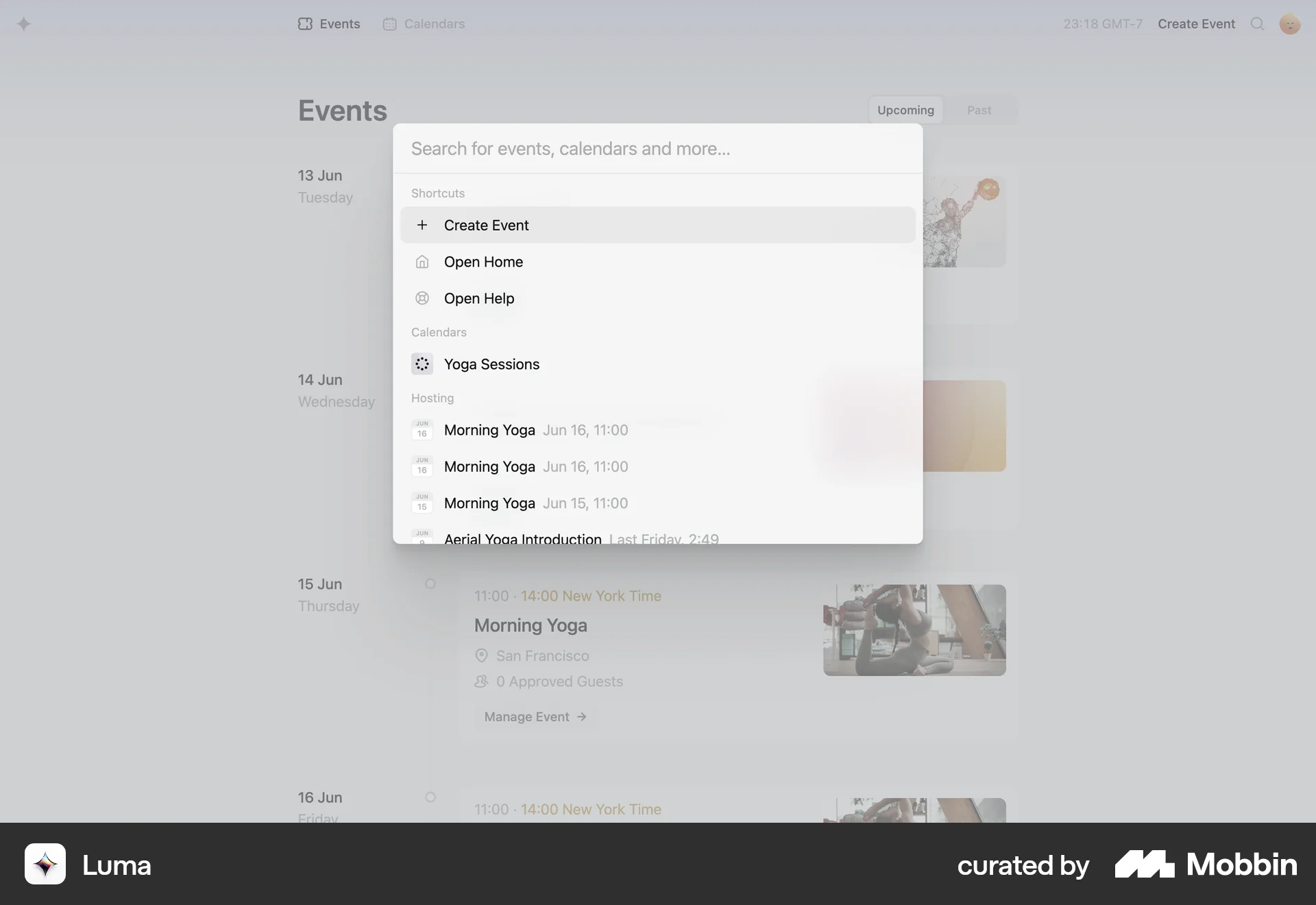 Luma Web Command Palette screen