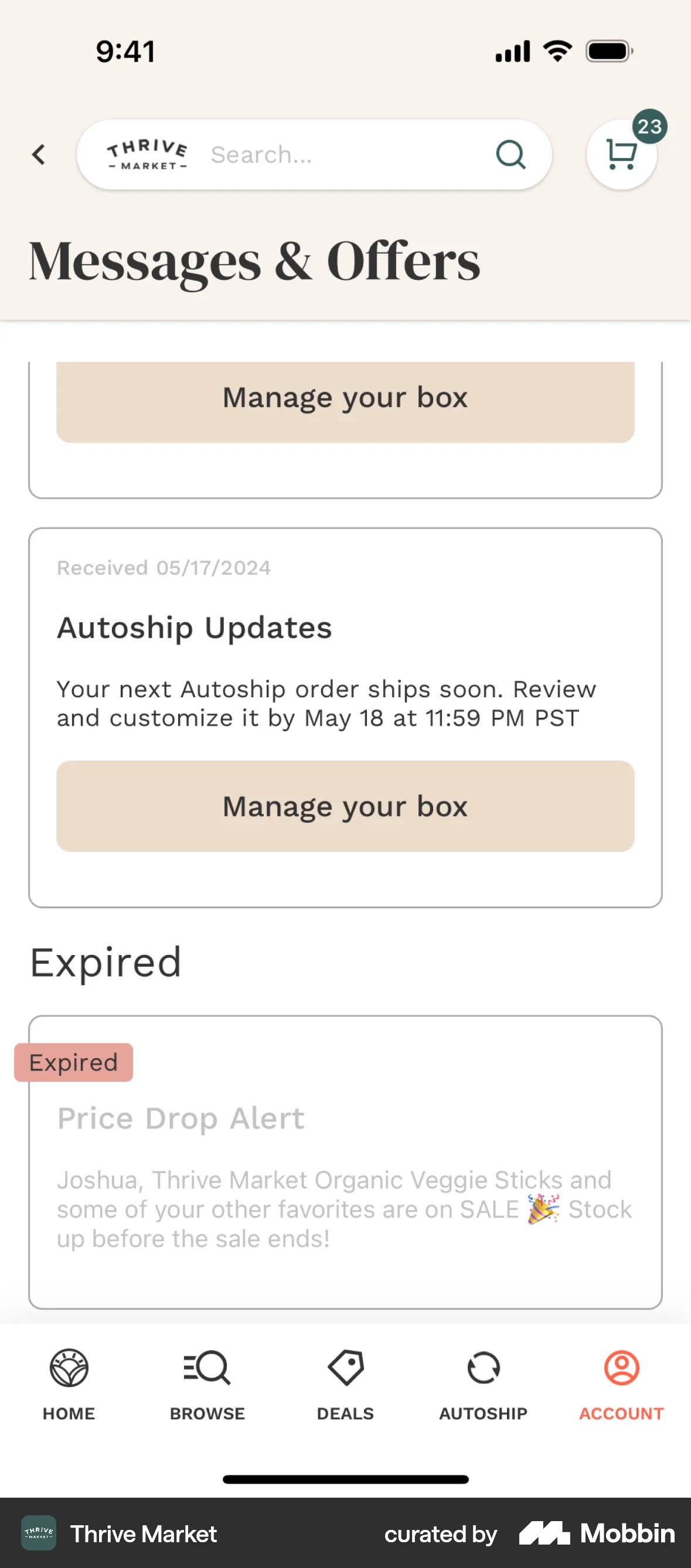 Thrive Market iOS Notifications screen