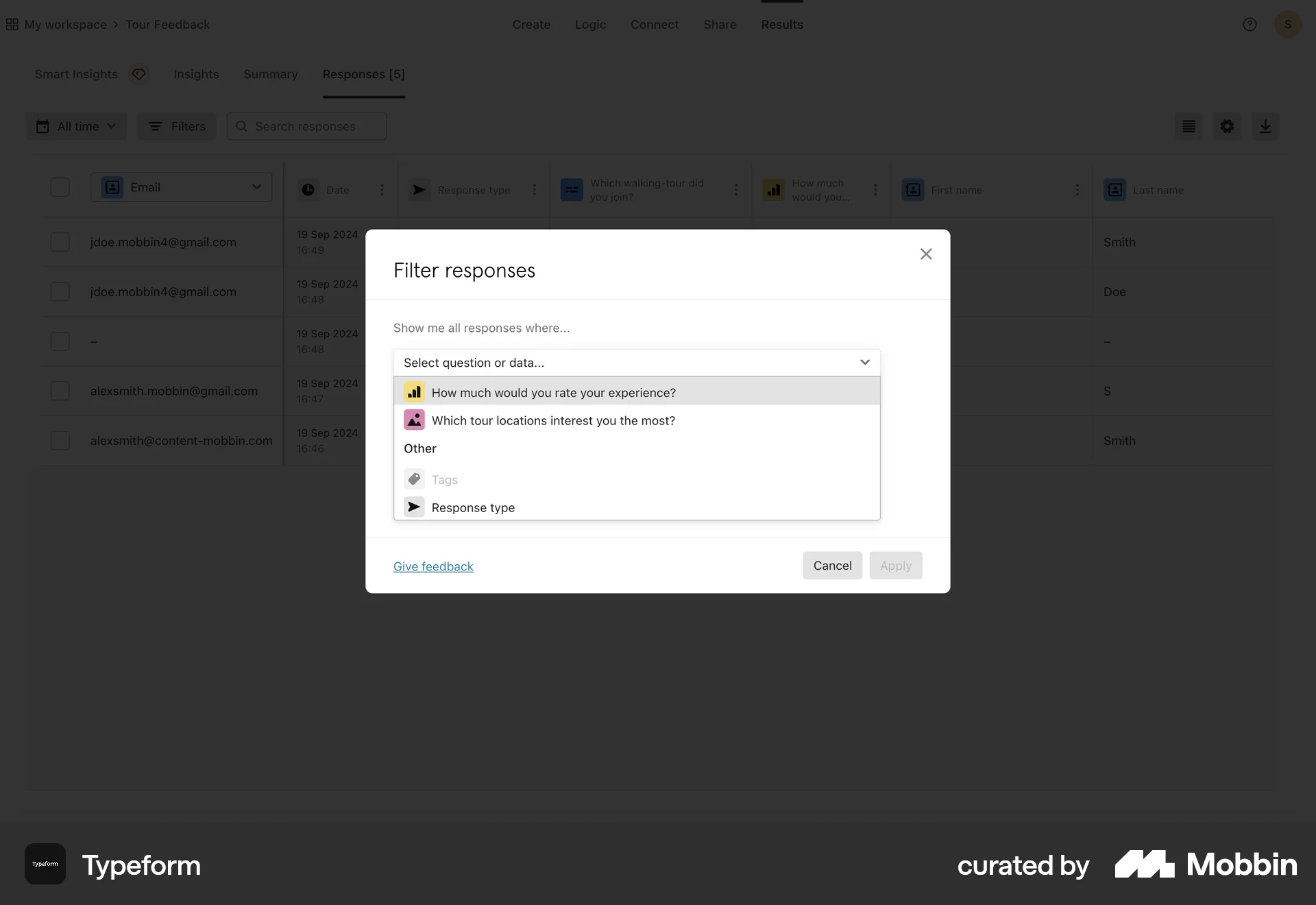 Typeform Web screen containing Filter Panel UI UI element