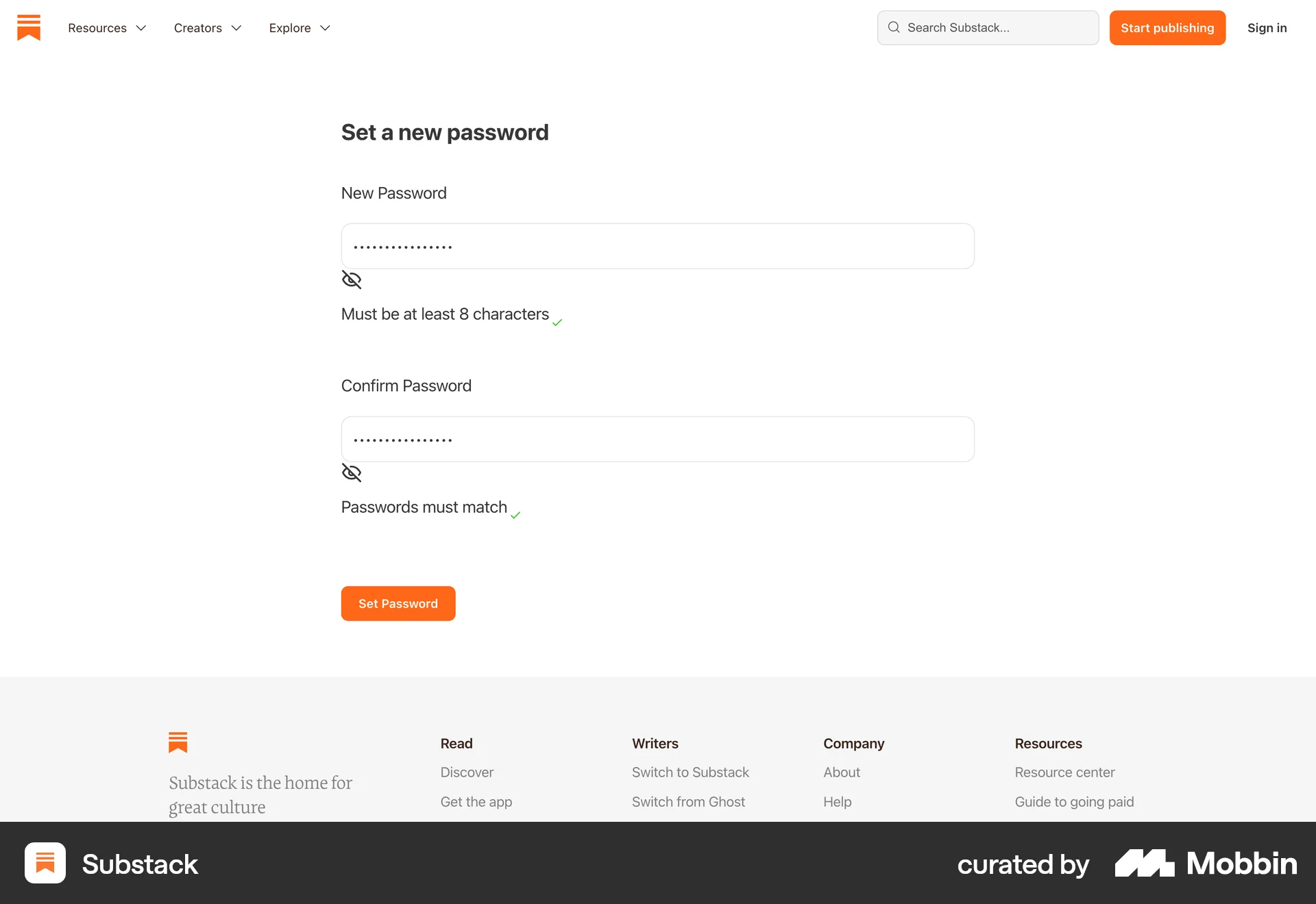 Substack Web Forgot Password screen