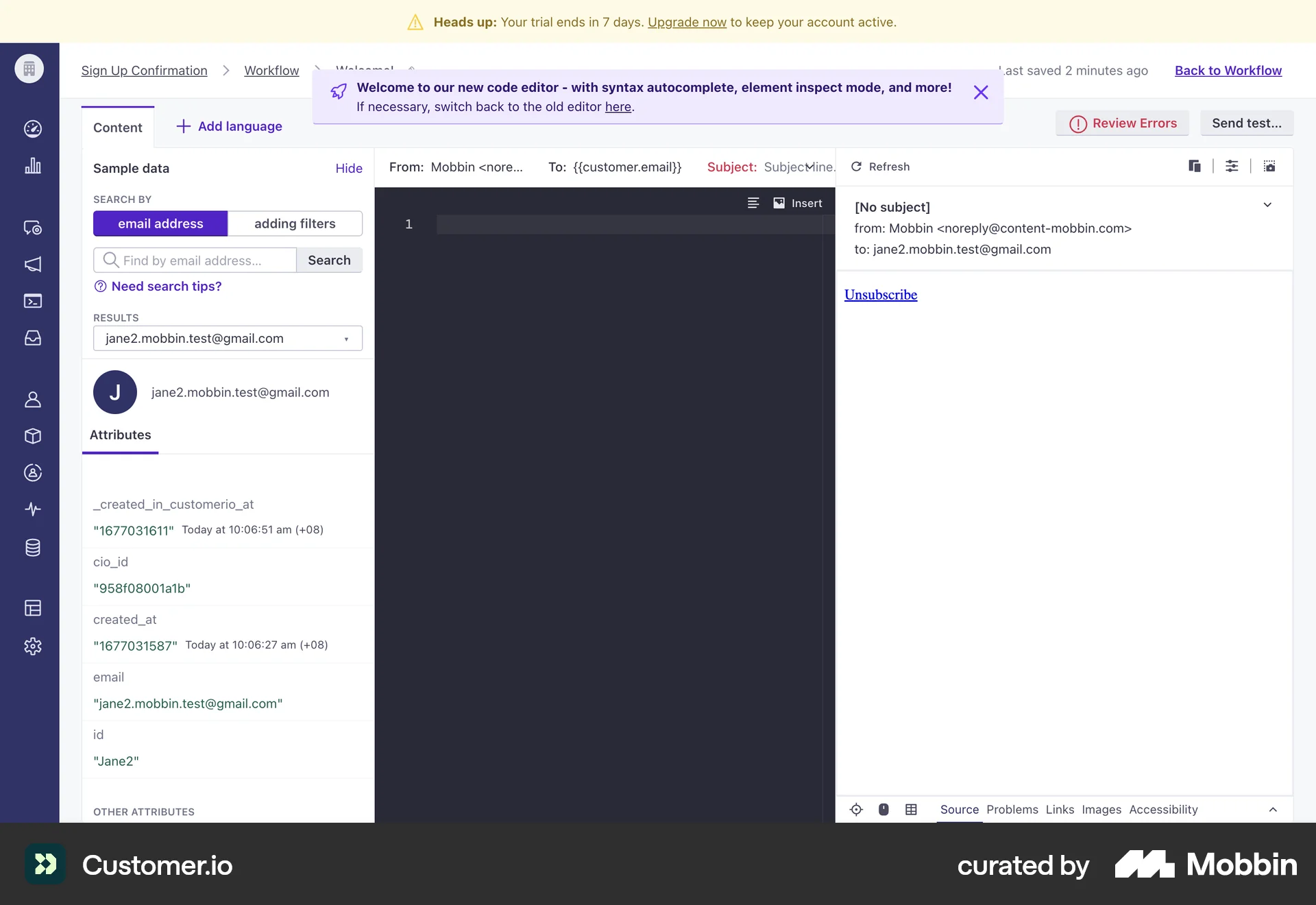 Customer.io Web Code Editor screen