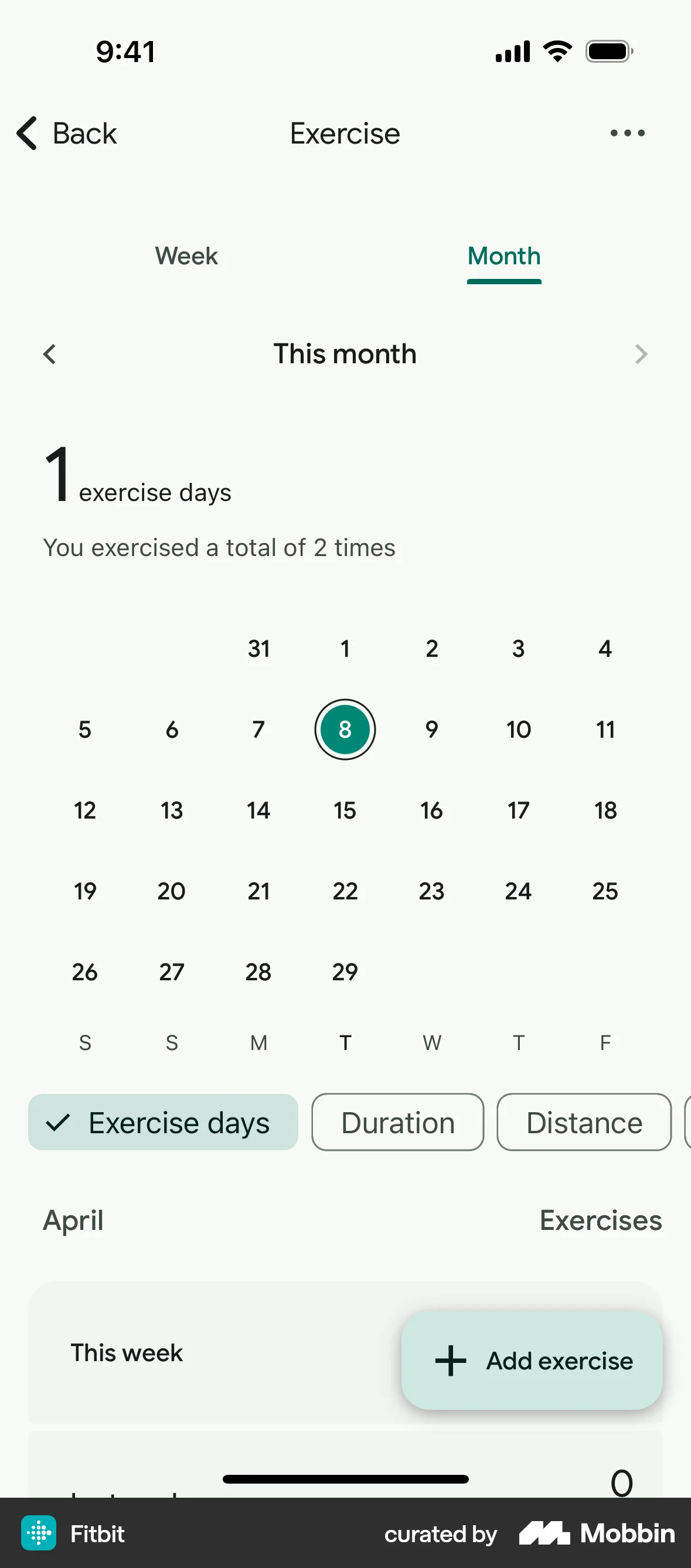 Fitbit iOS Calendar screen