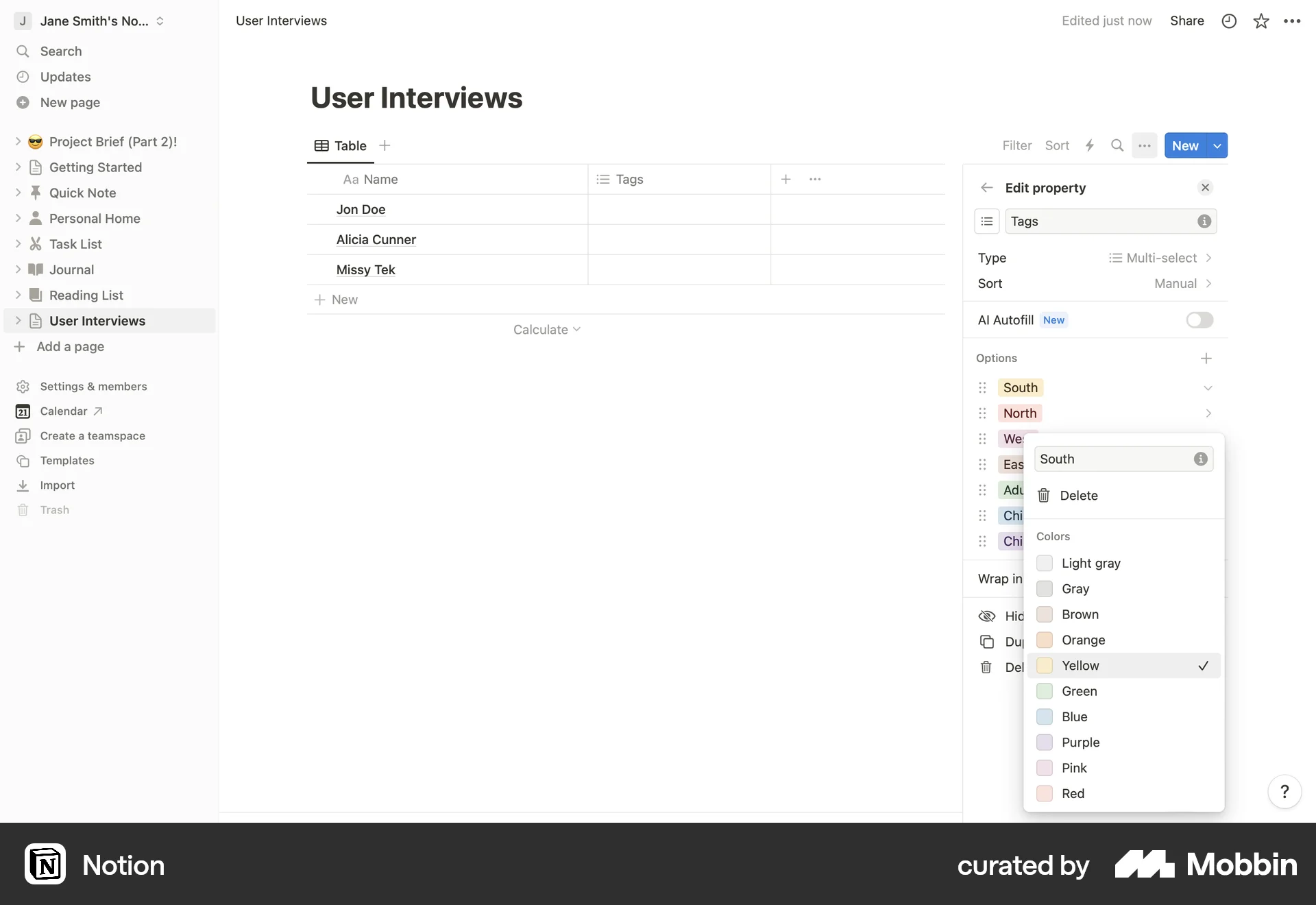 Notion Web screen containing Color Picker UI element
