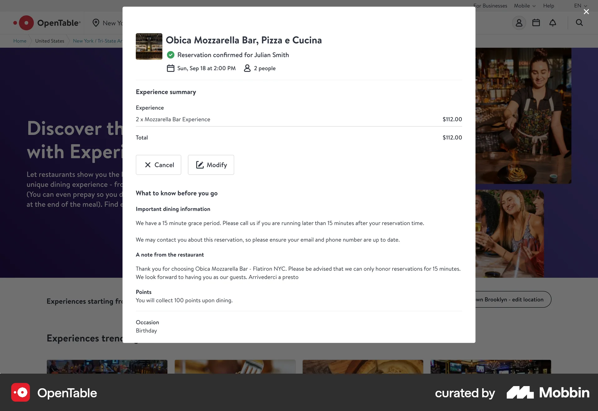 OpenTable Web Order Confirmation screen