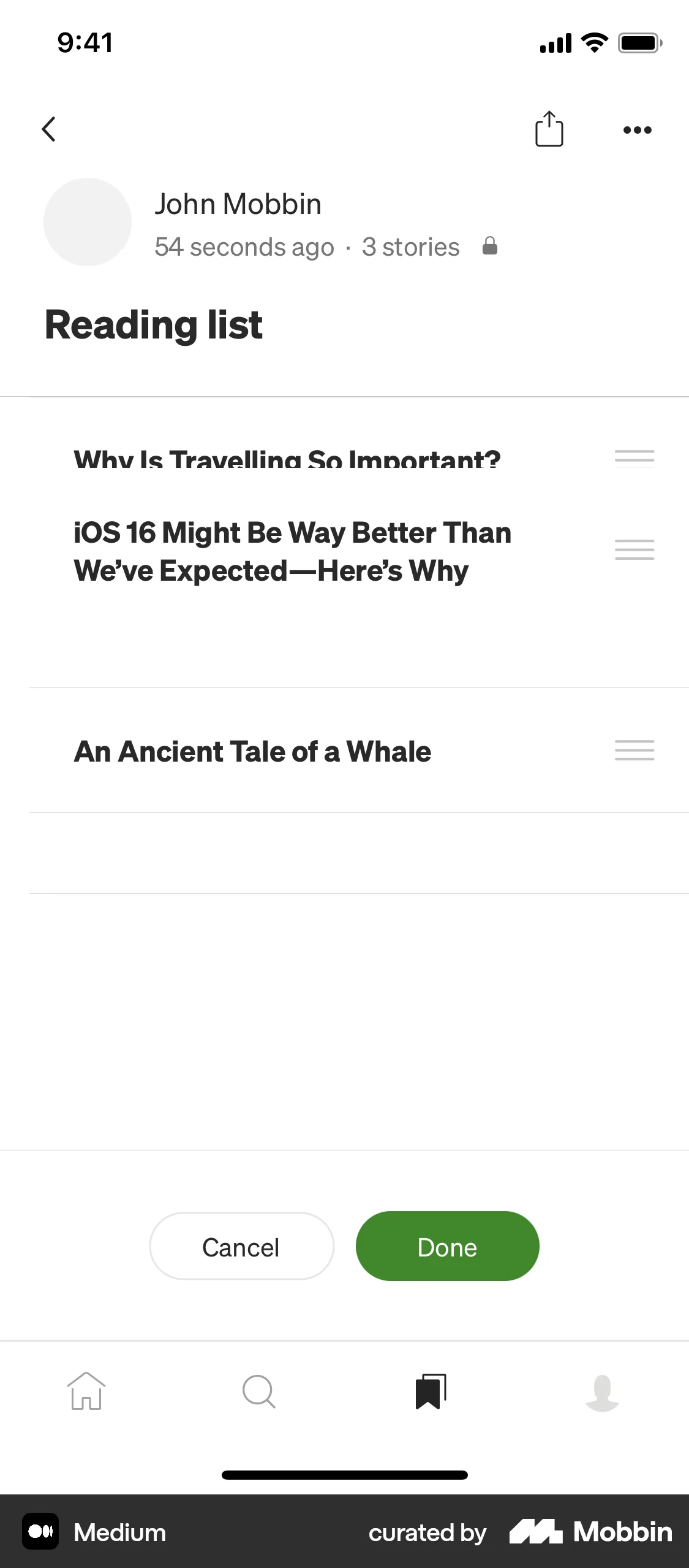 Medium iOS Reorder screen