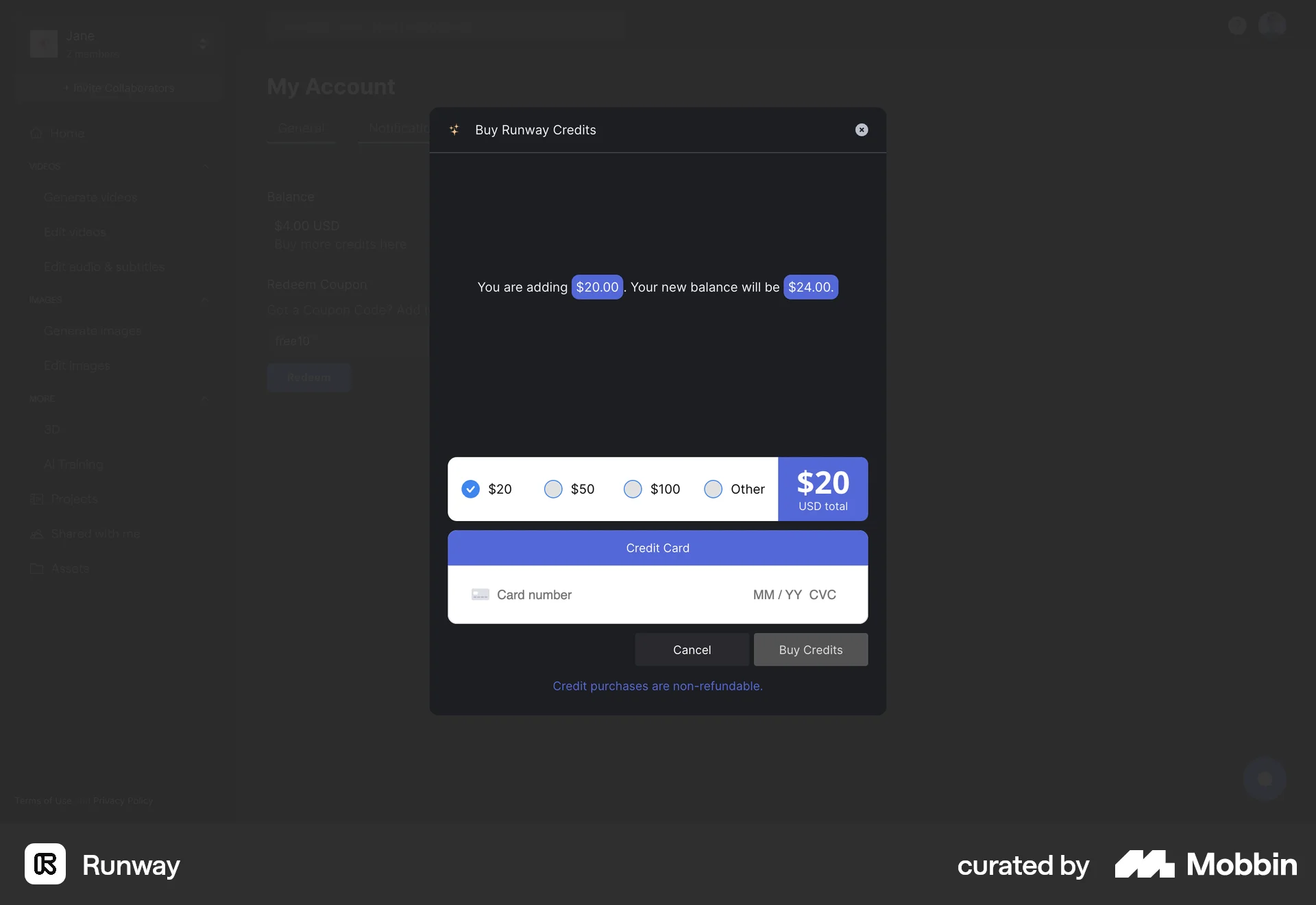 Runway Web Wallet & Balance screen