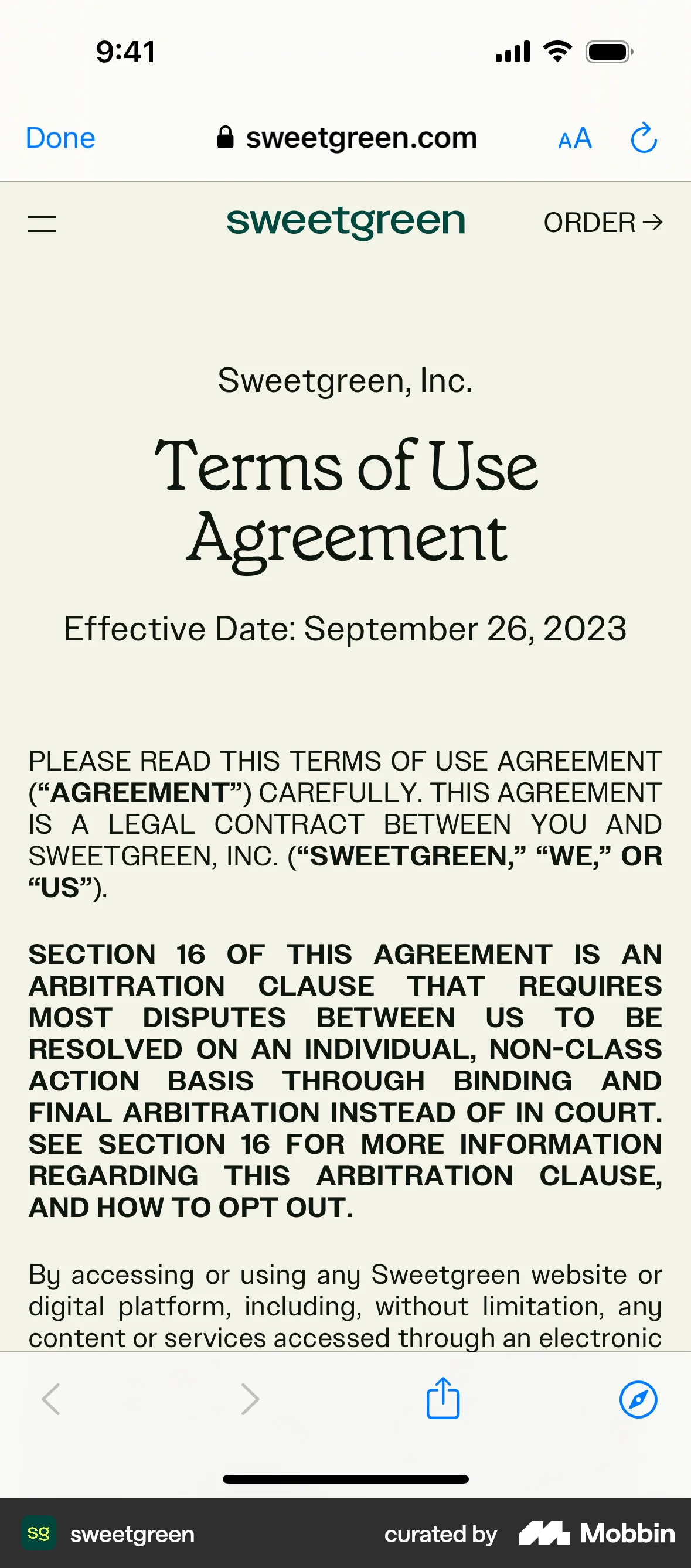 sweetgreen iOS Terms & Conditions screen